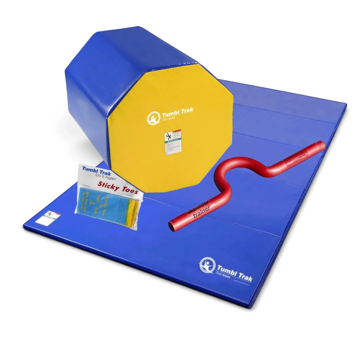 UK Gym Pits back handspring training package with blue octagonal tumbler, folding mat, shoulder trainer, and sticky toes