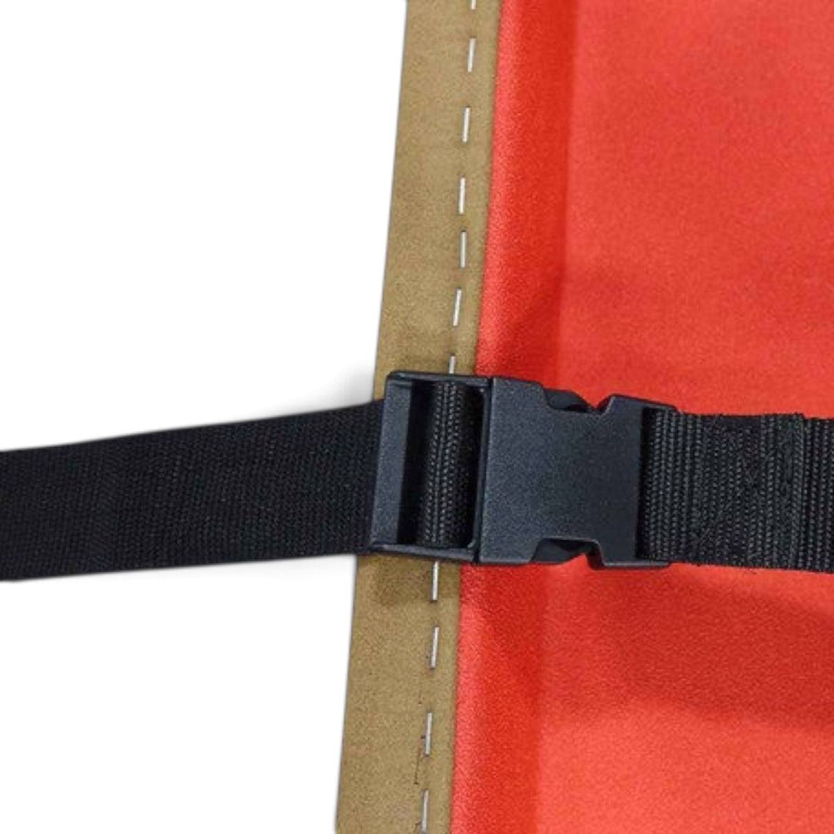 UK Gym Pits laser balance beam conversion top with red padded surface, tan sides, and a black securing buckle strap.