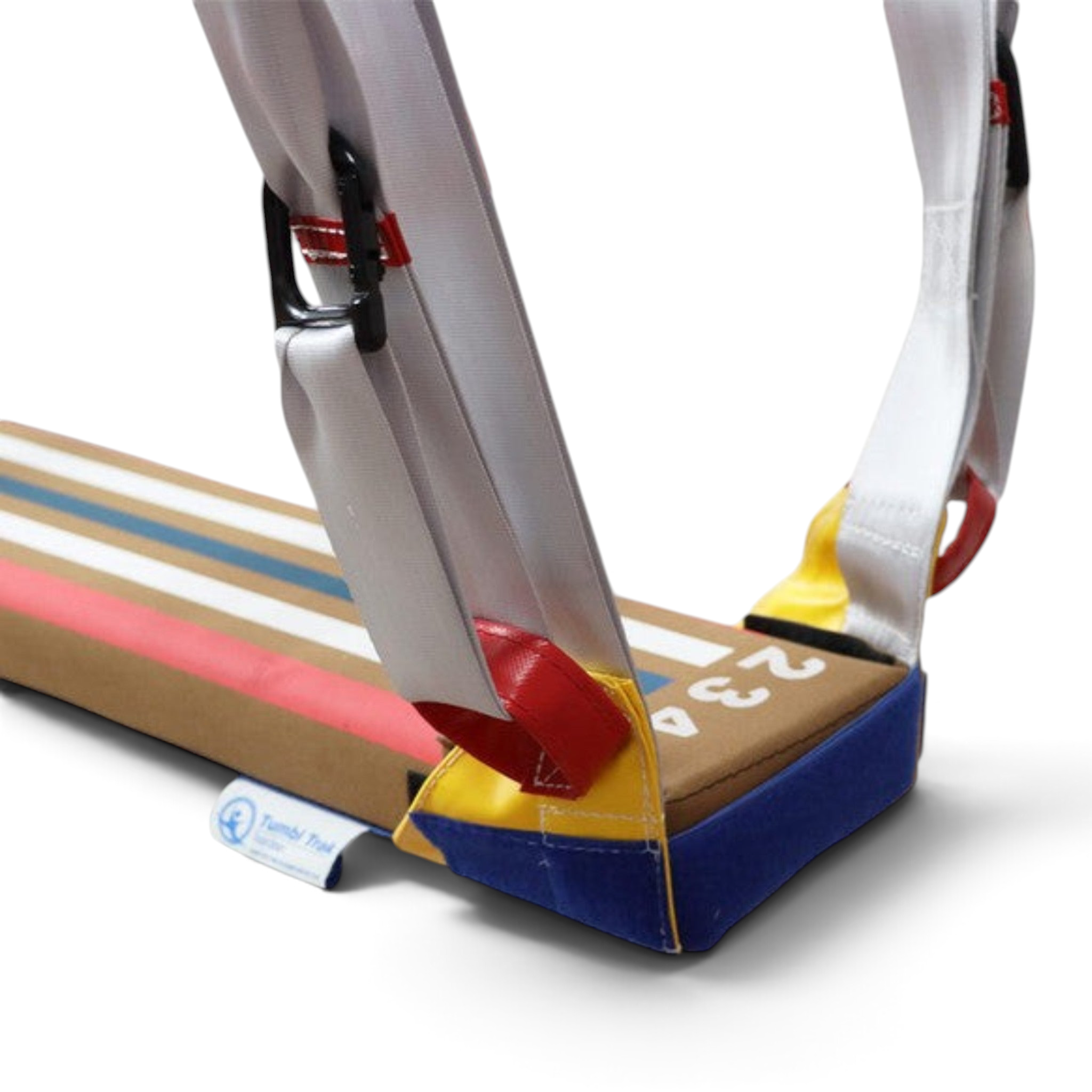 UK Gym Pits Laser Balance Beam Hammock with adjustable straps attached to a multi-coloured balance beam for training.