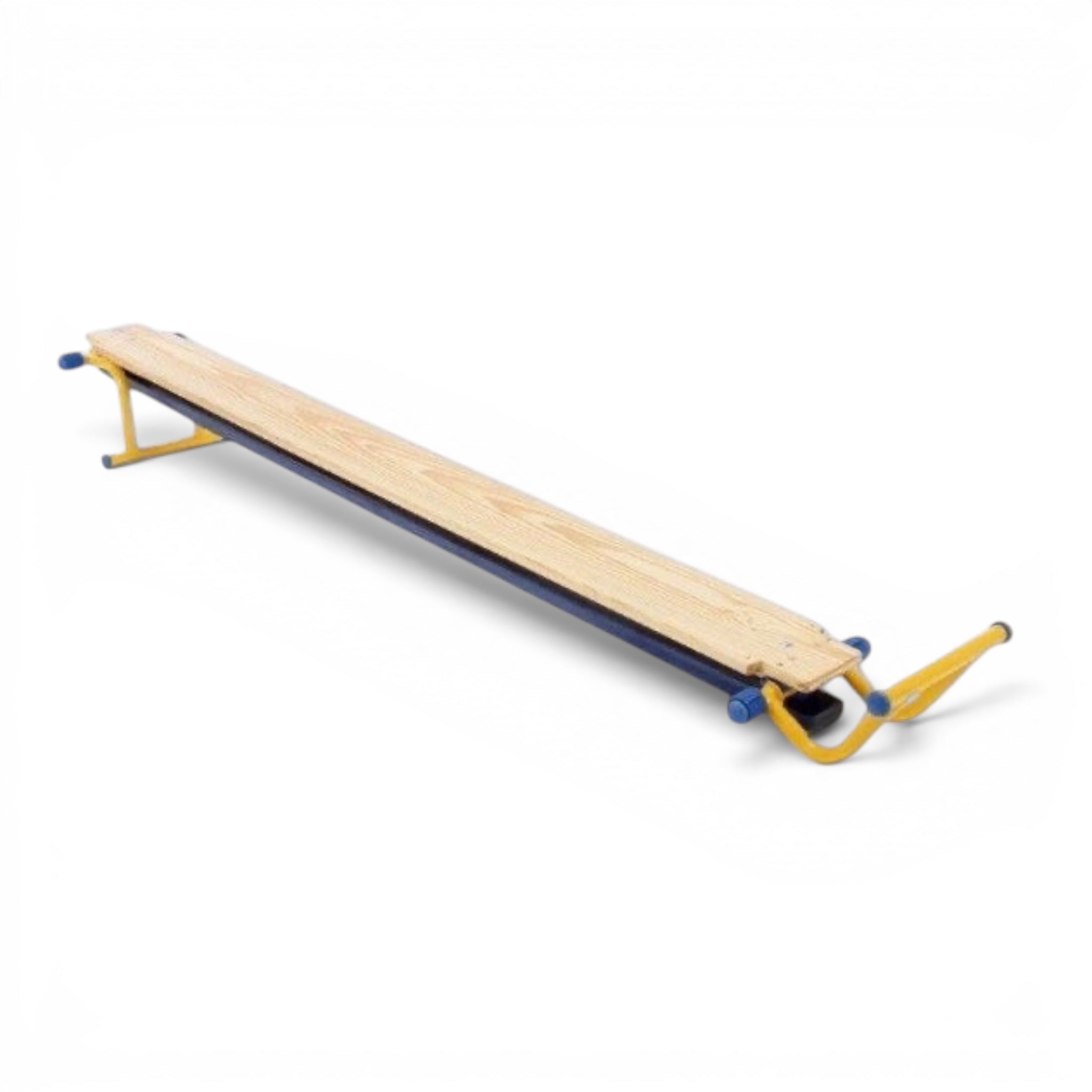 UK Gym Pits Gym Time Balance Bench with natural timber top and yellow metal legs on a white background