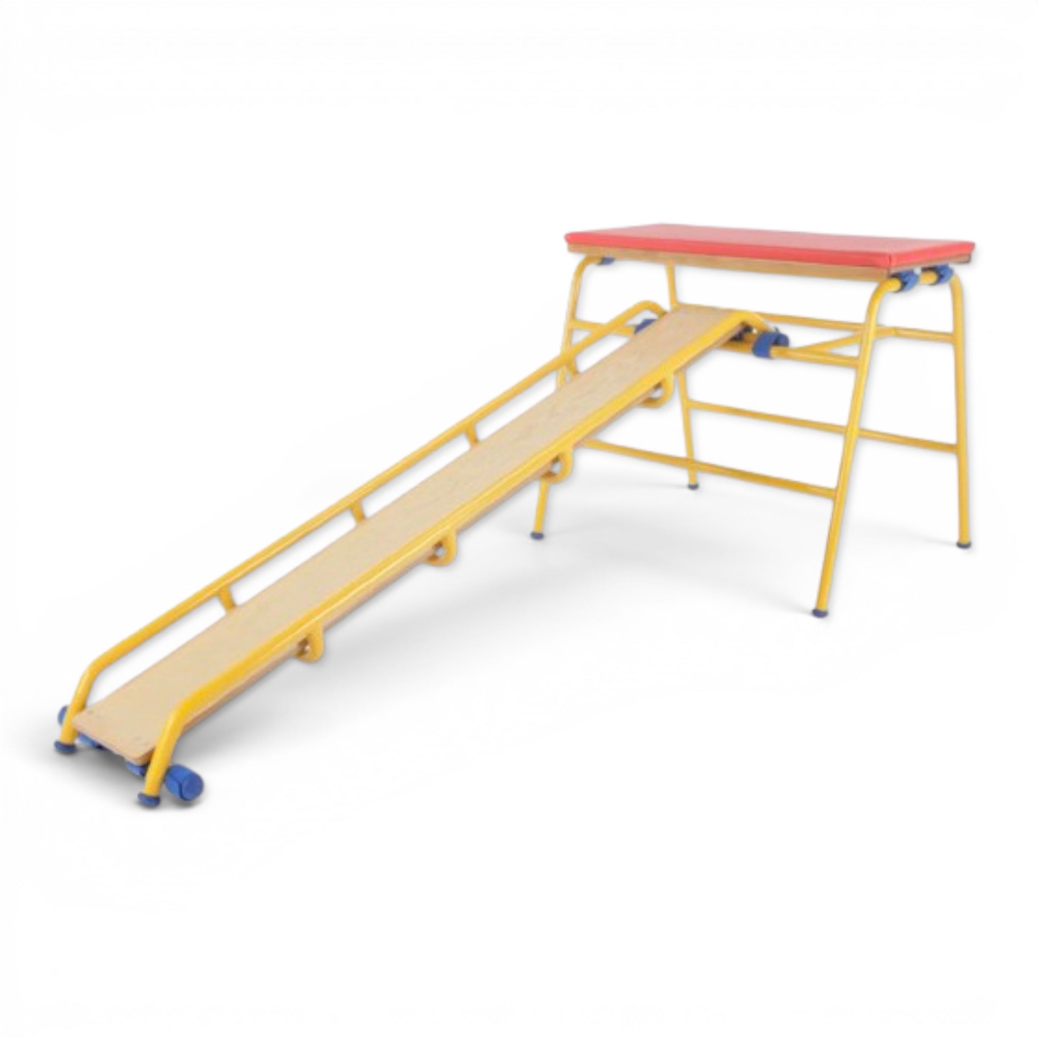 UK Gym Pits balance slide plank attached to a yellow metal trestle with a red top, made from natural timber.