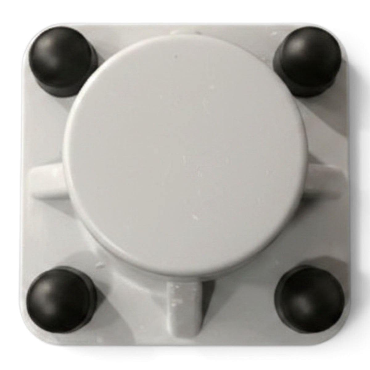 UK Gym Pits grey base plate with four black plastic safety caps covering bolt fixings for GRP handrail systems