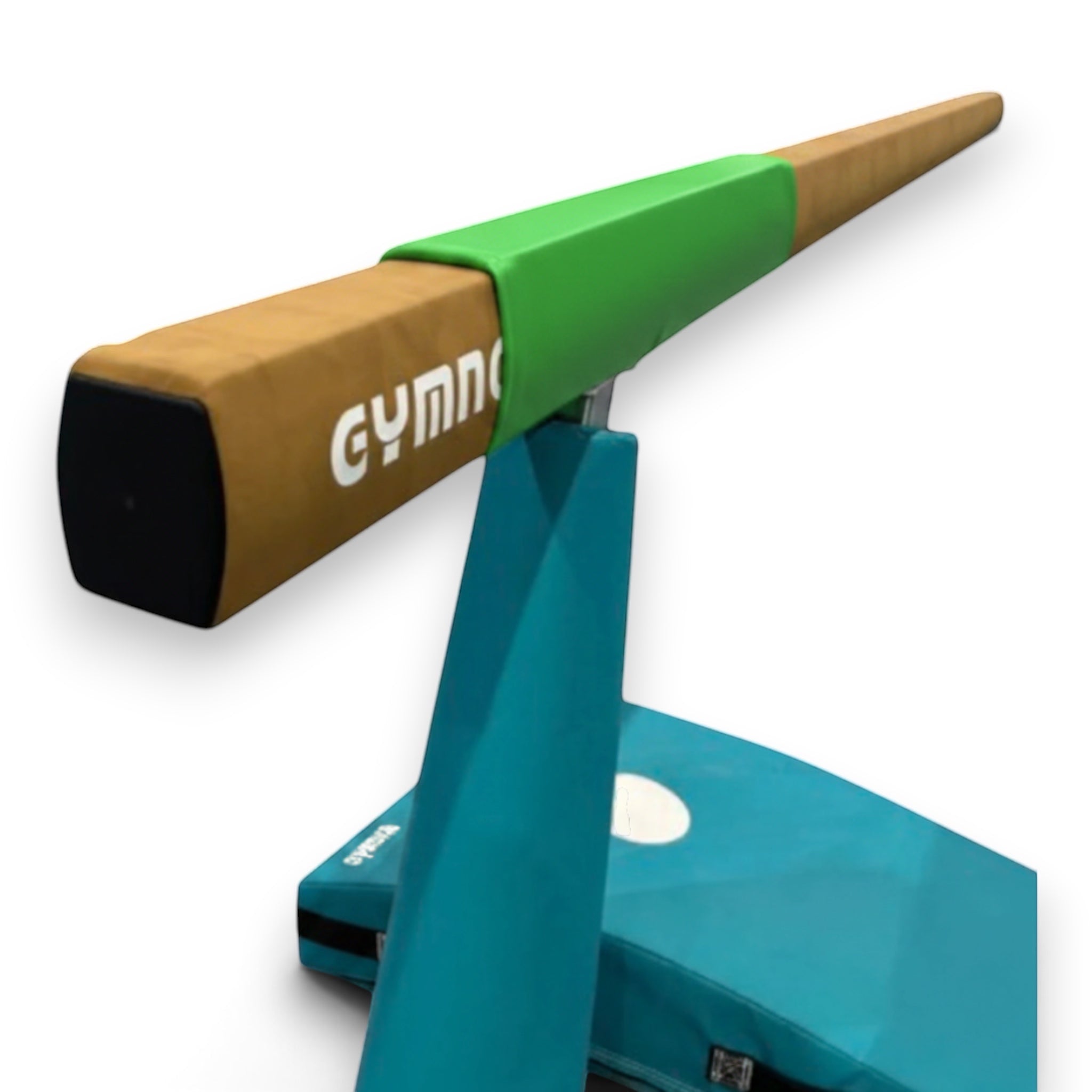 UK Gym Pits green cushioned safety mat wrapped securely around a gymnastics beam for shock absorption and grip.
