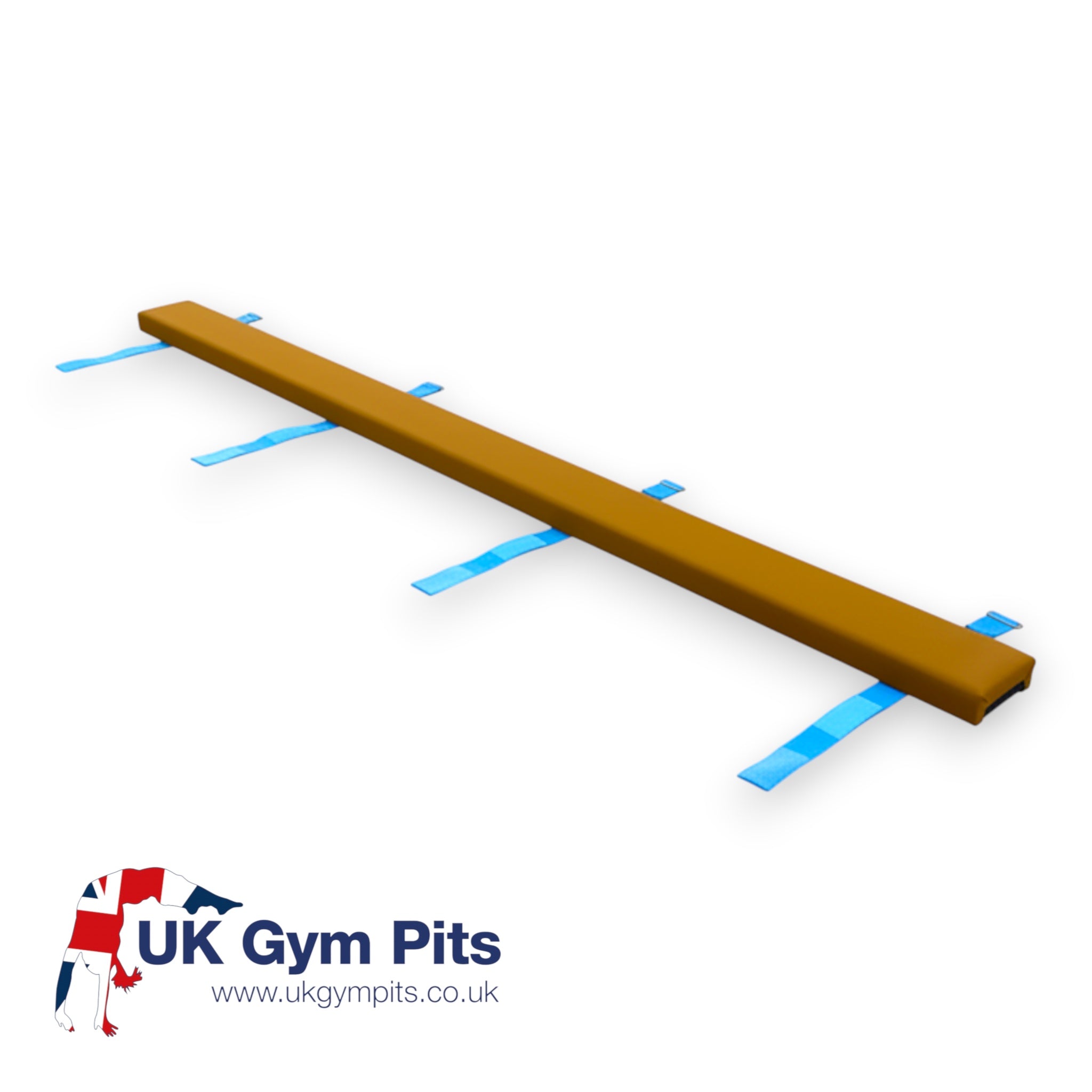 UK Gym Pits 3m beam enlarger in tan with blue Velcro straps for safe and secure gymnastics training