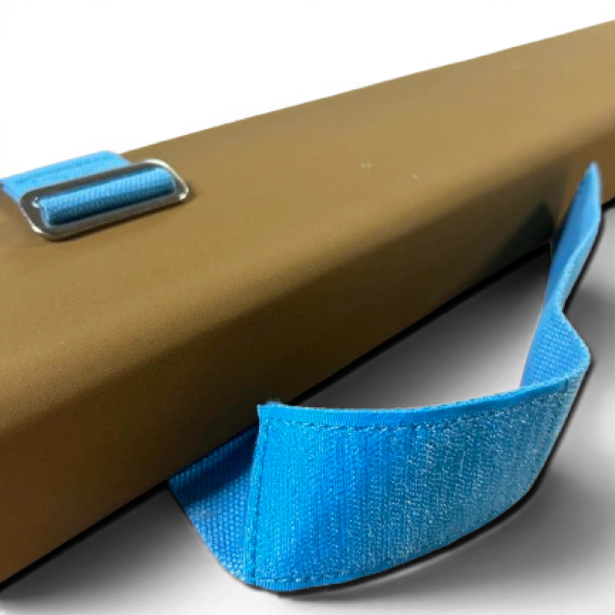 UK Gym Pits Gaofei 2.5m beam enlarger in tan with blue Velcro straps for secure gymnastics training