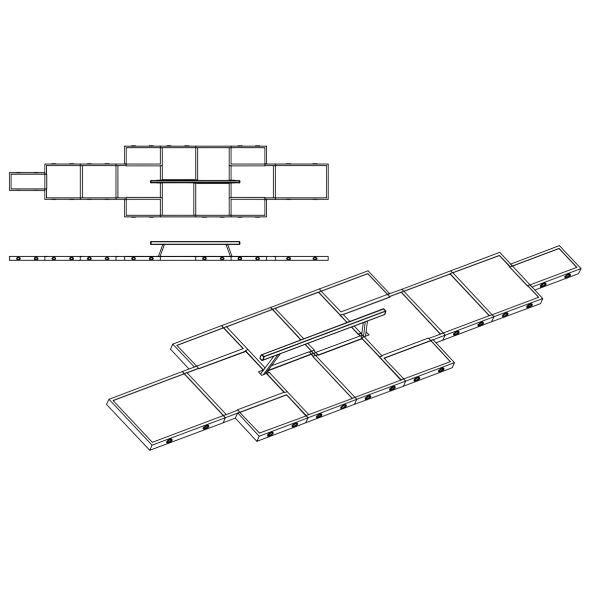 UK Gym Pits FIG approved beam landing mat system layout showing top and perspective views with equipment leg cut-outs.