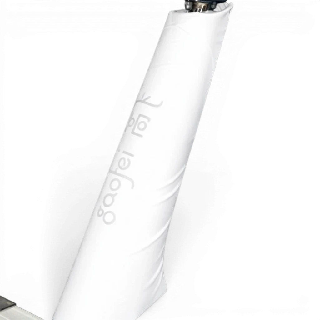 UK Gym Pits white Gaofei gymnastics beam leg safety padding with PVC vinyl cover and Velcro closure.