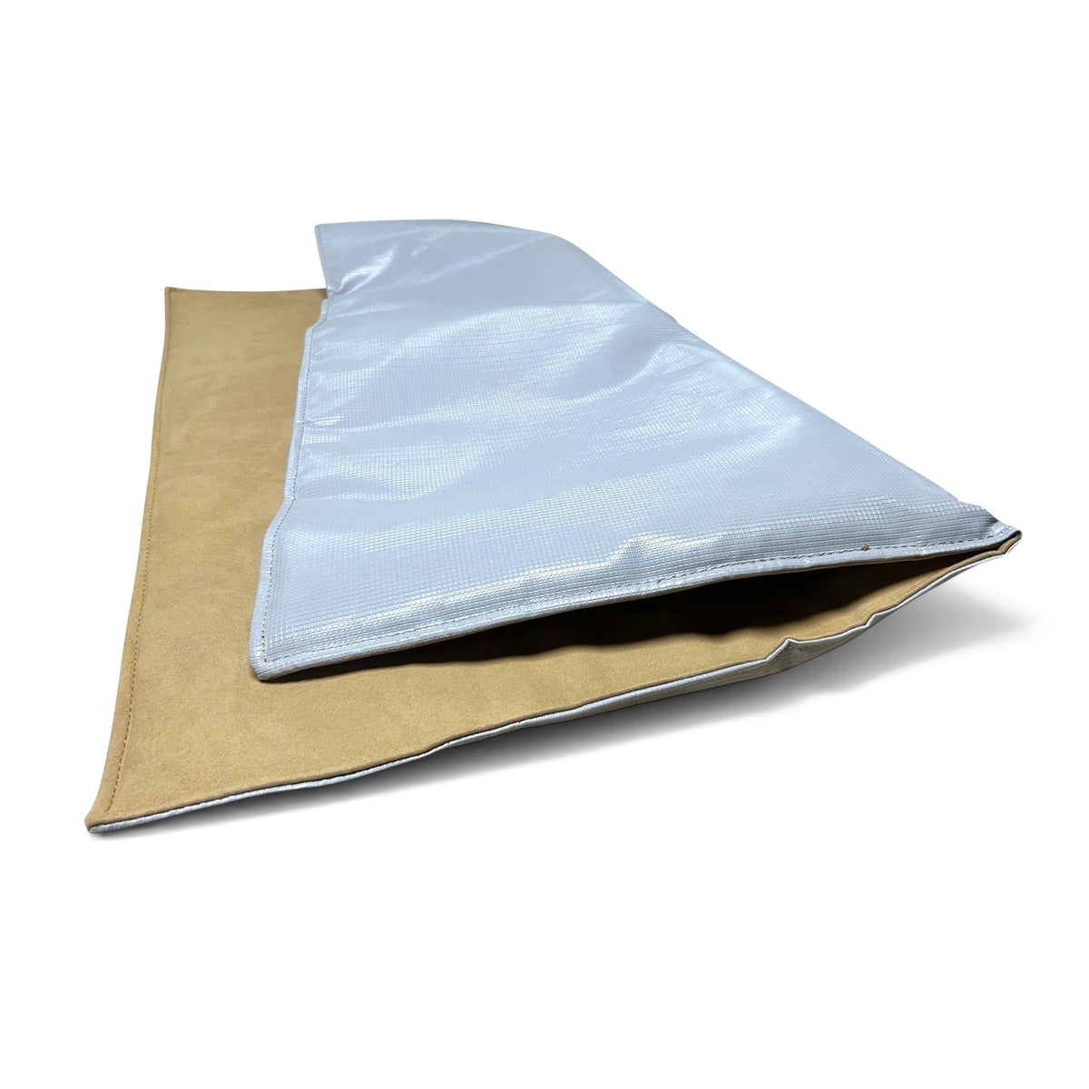 UK Gym Pits beam PU mat with a silver anti-slip top and tan suede-like base for gymnastics equipment safety