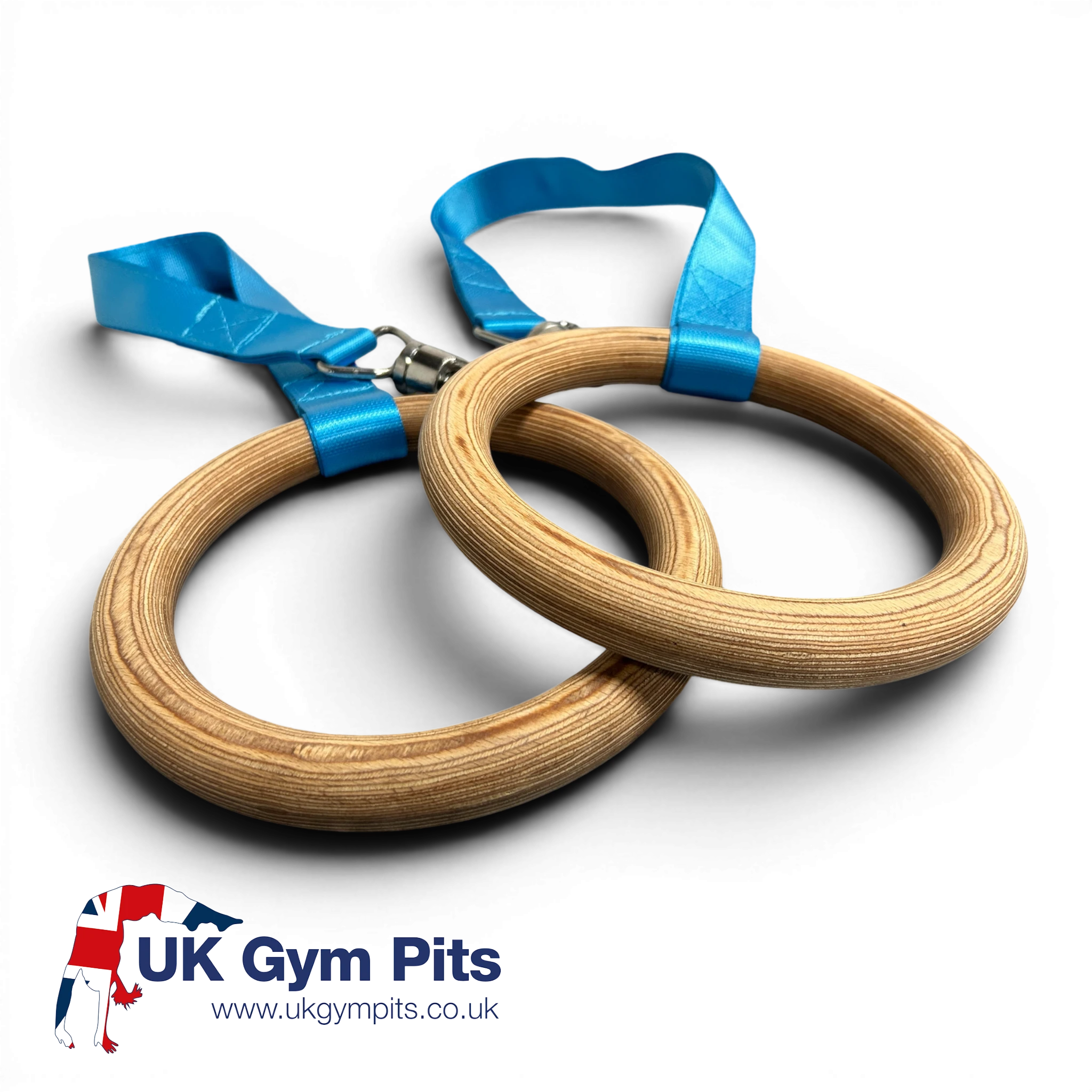 UK Gym Pits replacement gymnastics rings made of multi-layered beech wood with blue nylon straps and steel hardware
