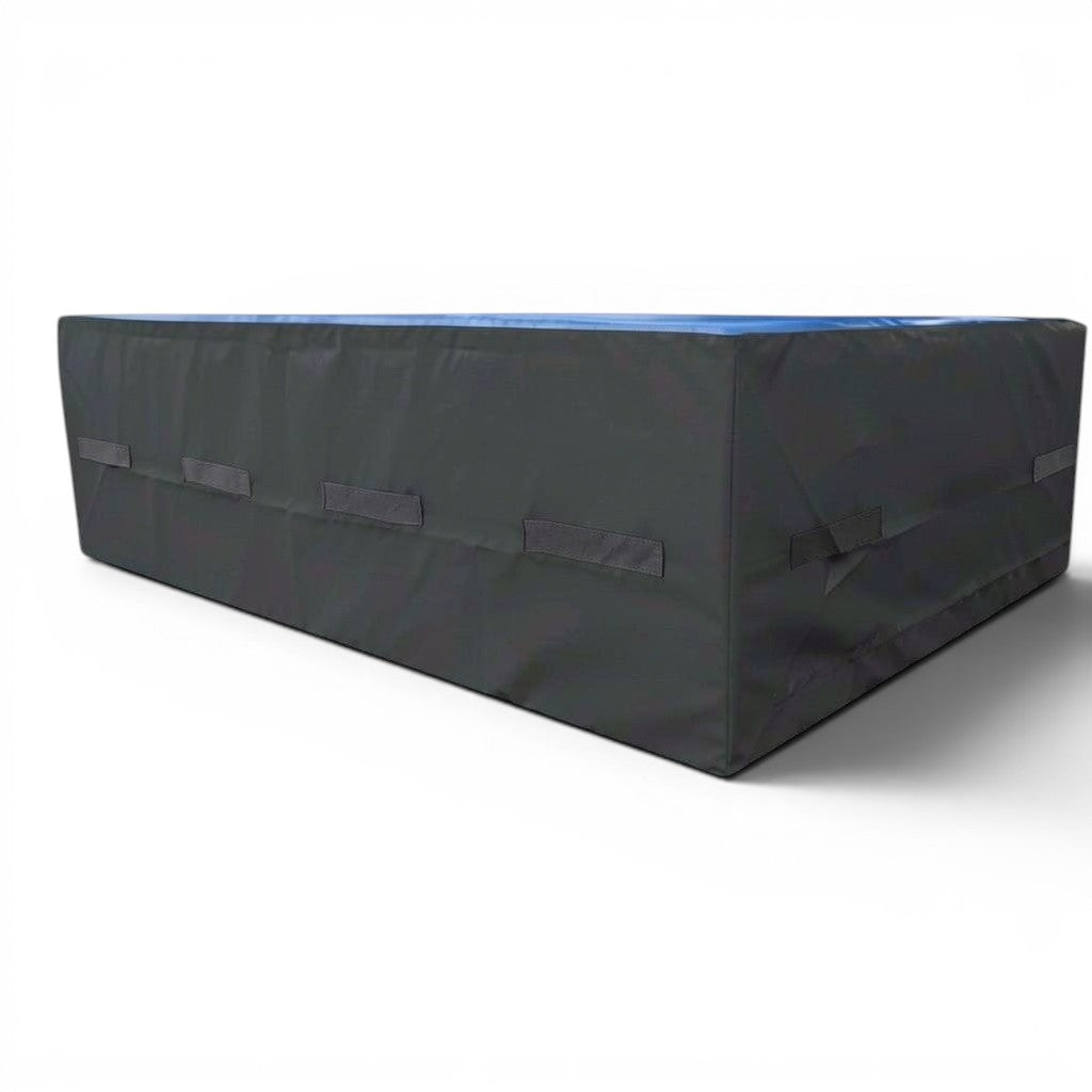 UK Gym Pits black and blue resi foam landing pit with heavy duty handles and reinforced PVC fabric for gymnastics