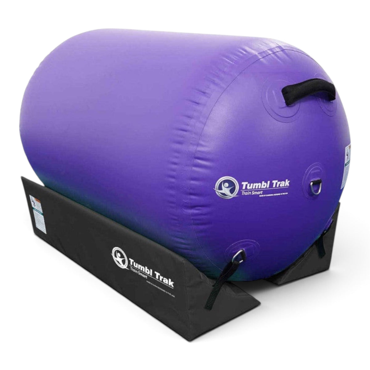 UK Gym Pits black foam cradle stabilizing a purple inflatable air barrel for gymnastics training
