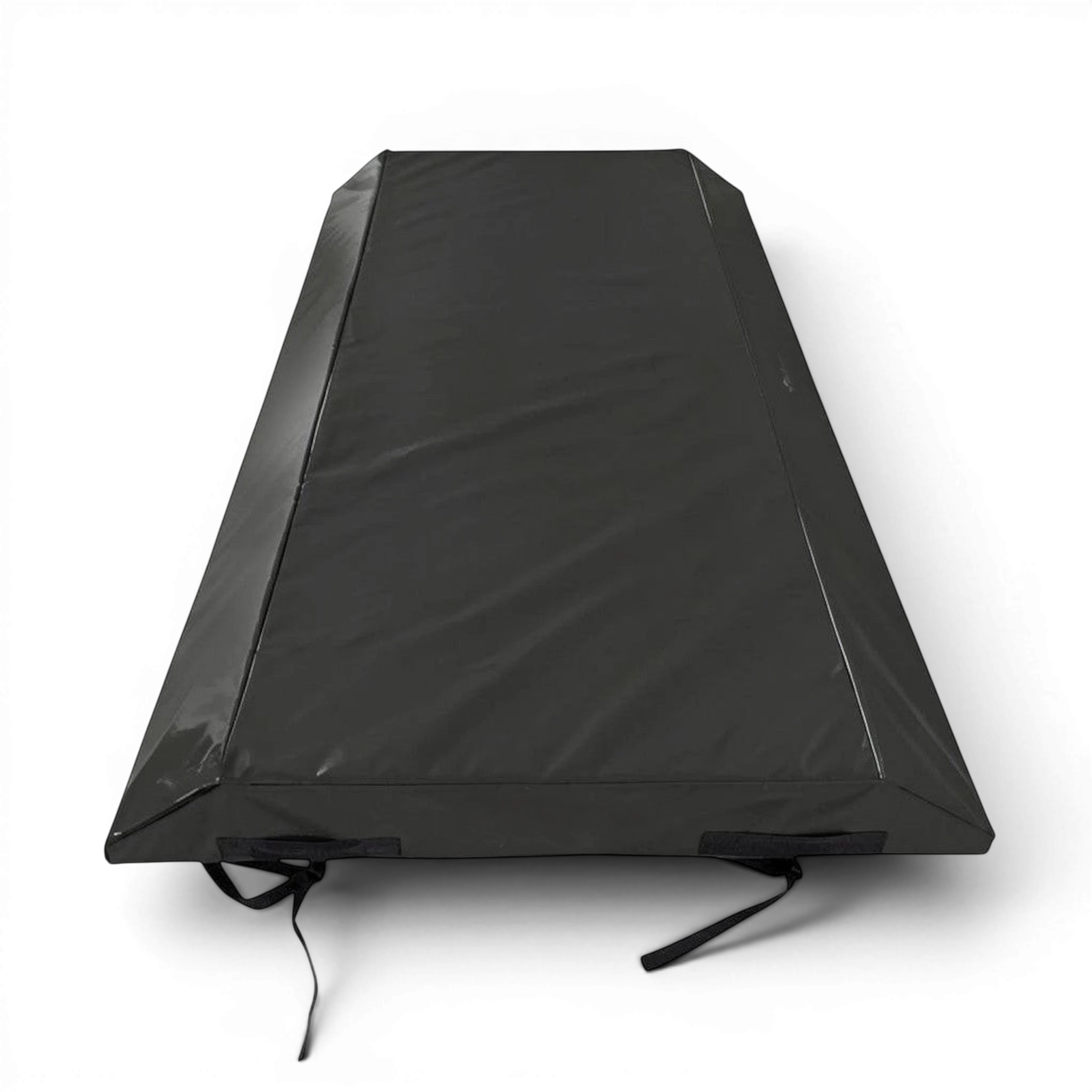 UK Gym Pits black double wedge trampoline spotting end deck mat with reinforced PVC cover and webbing straps.