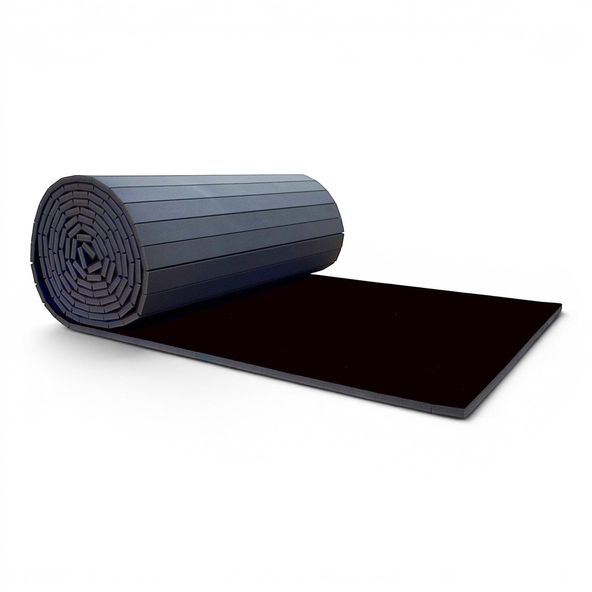UK Gym Pits black flexi carpet mat roll for gymnastics and cheerleading with shock-absorbing XPE foam base.