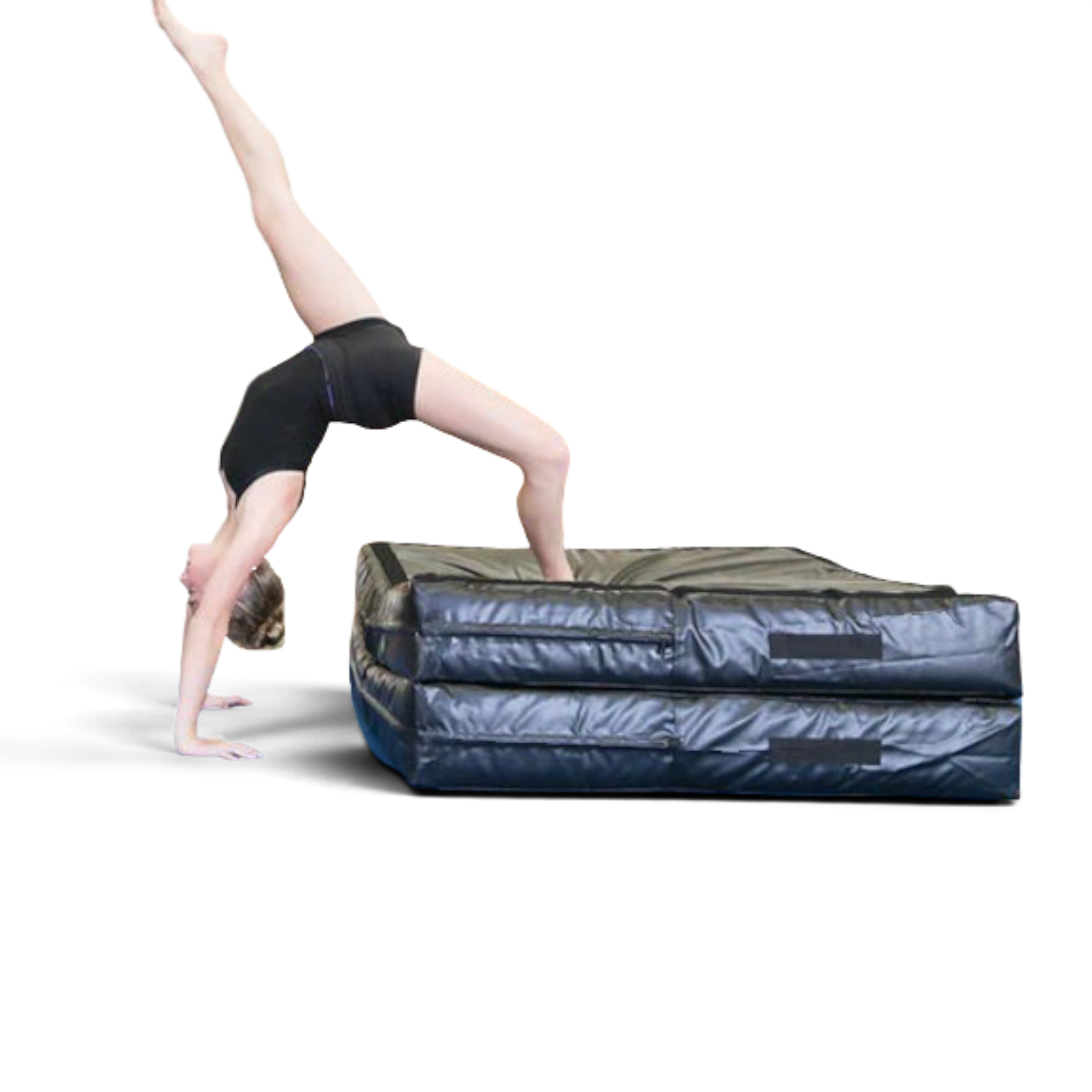 Gymnast performing a handstand on a folded black UK Gym Pits practice mat with reinforced handles and non-skid base.