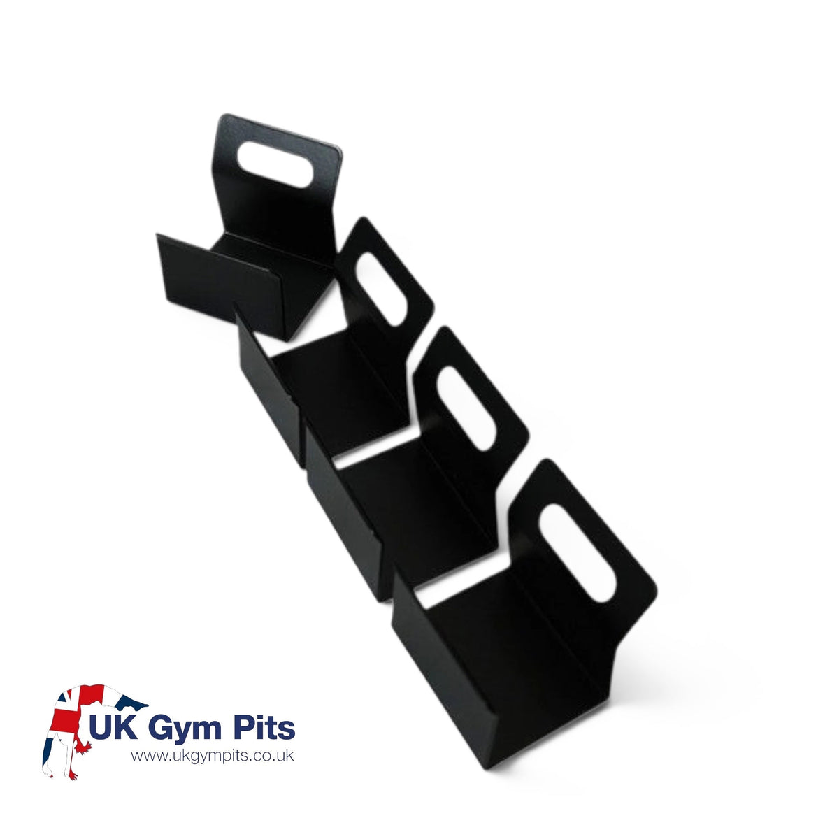 Set of four black metal door clips for UK Gym Pits handstand homework mat, designed for doors under 3.5cm thick.