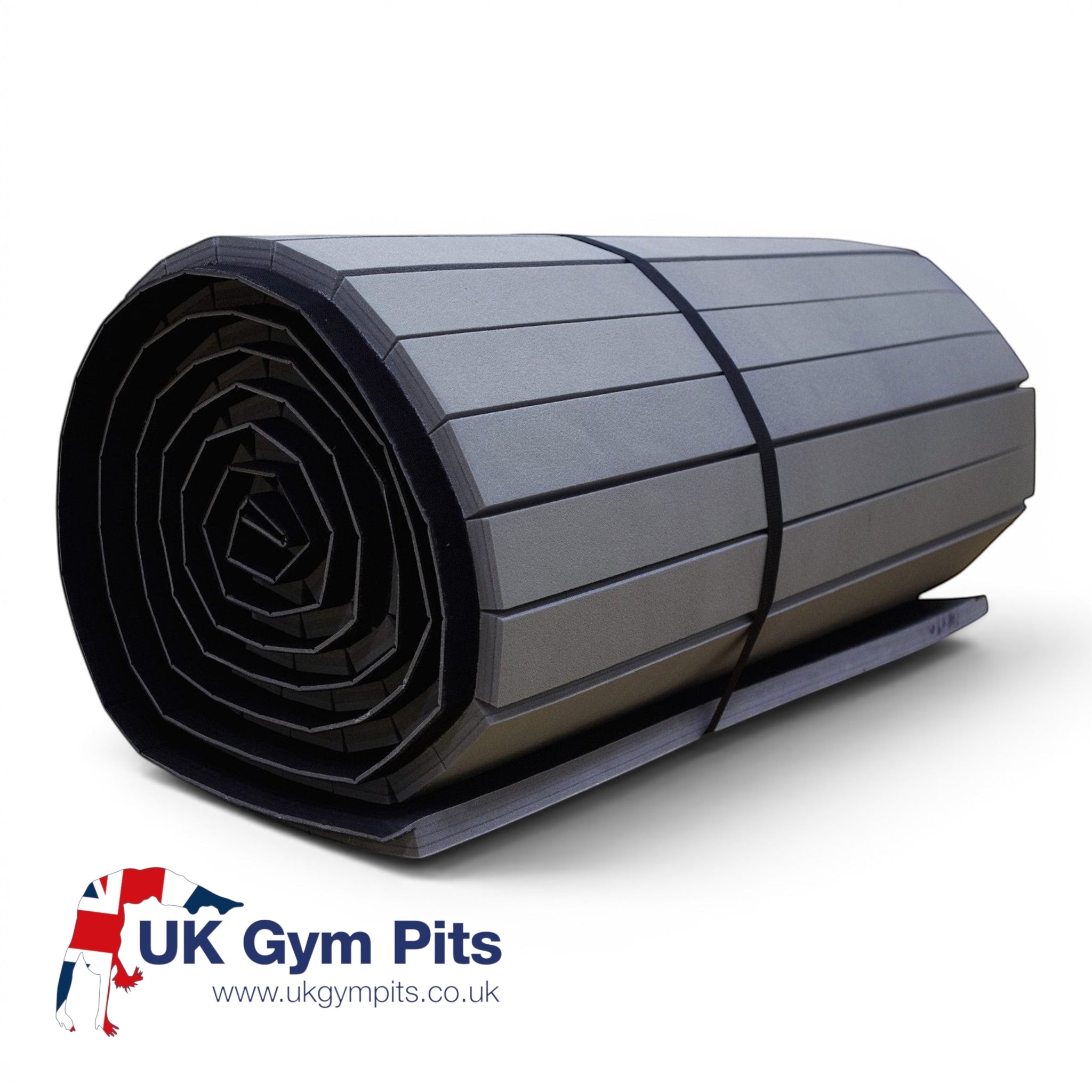UK Gym Pits black Hybrid Connect roll-out gym mat with a durable tatami-textured PVC surface and XPE foam core.