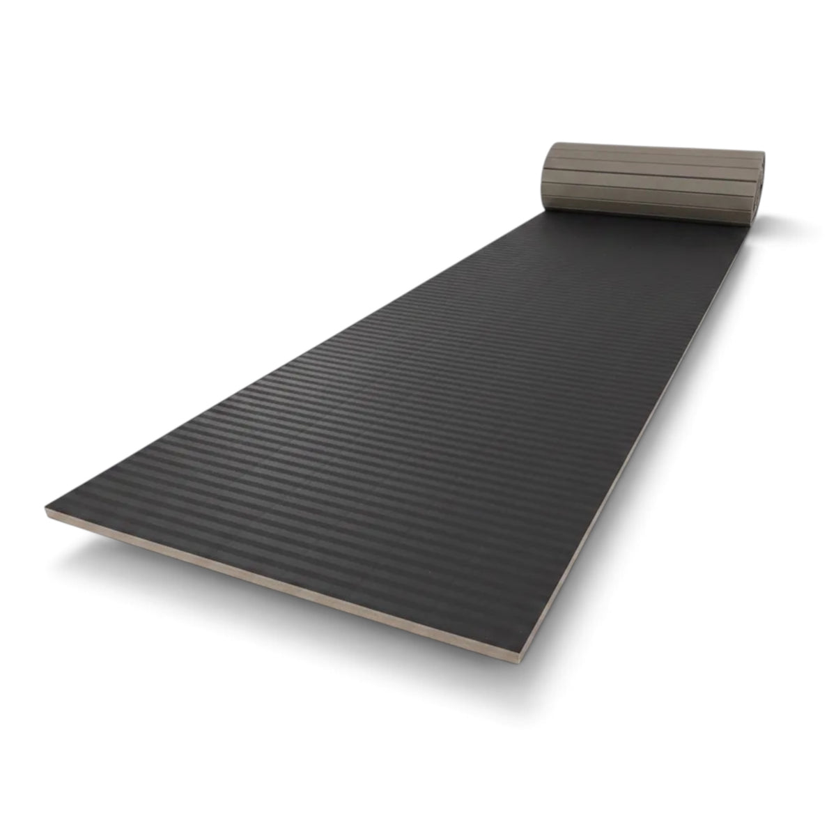 UK Gym Pits black hybrid gymnastics mat roll with a durable tatami-textured PVC surface and shock-absorbing foam base.