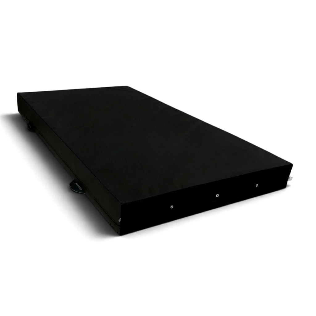 UK Gym Pits black parkour landing mat with high-density foam, carry handles, and corner toggles for joining mats.