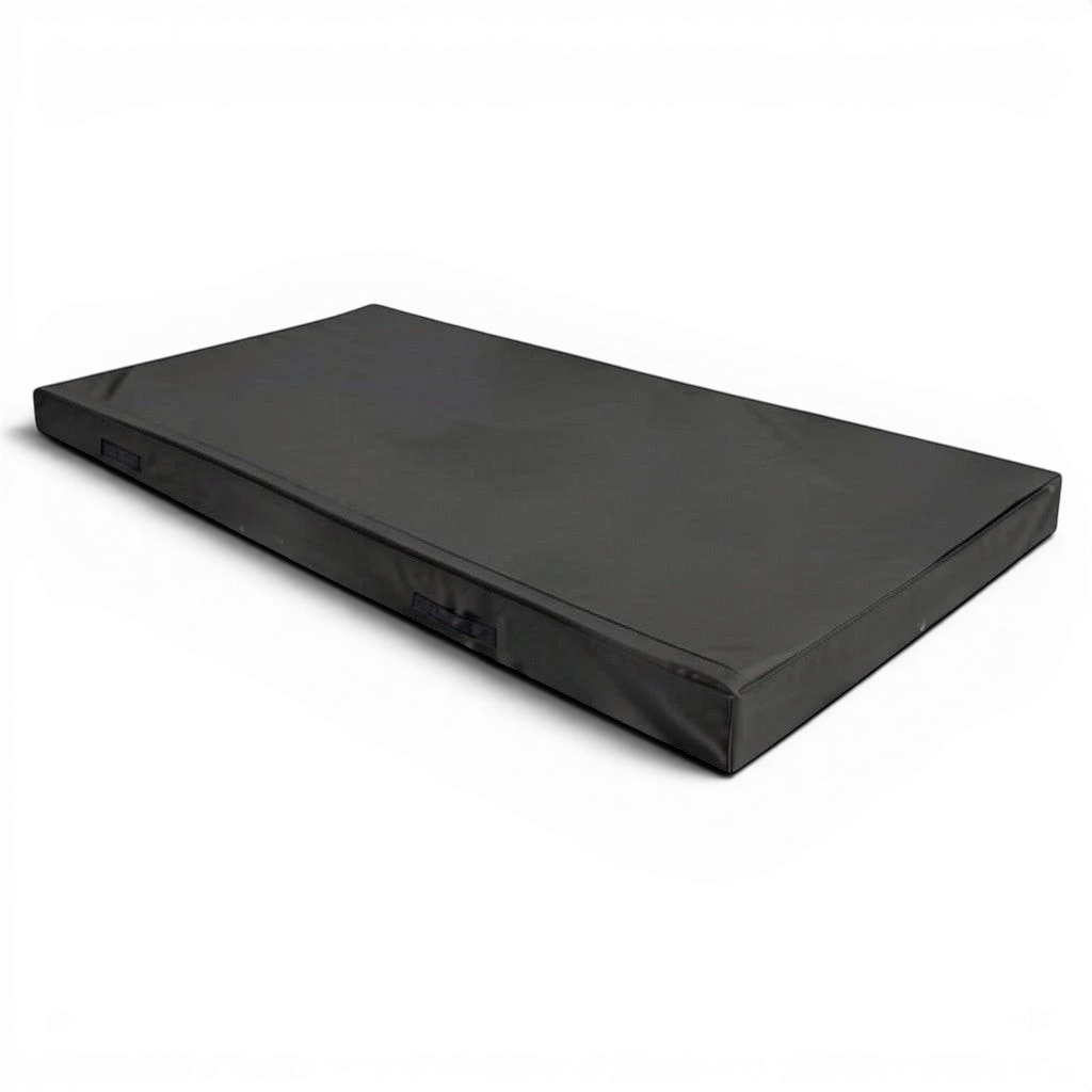 UK Gym Pits black FIG spec push-on safety mat with PVC cover and side handles for trampoline landing support