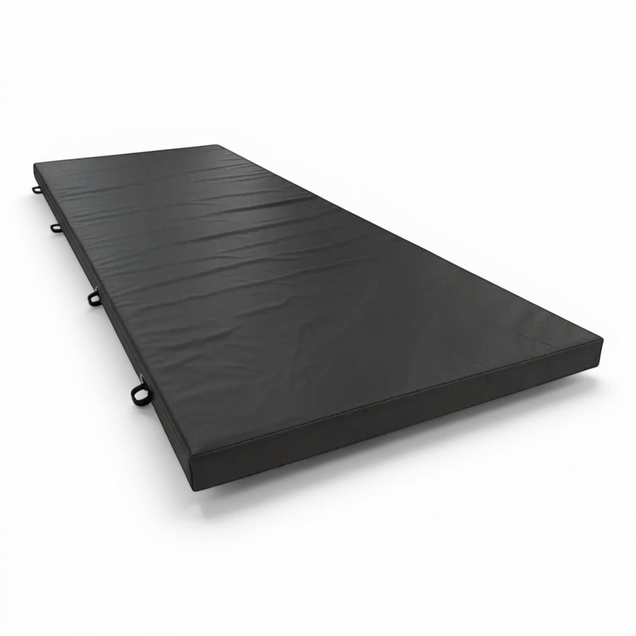 UK Gym Pits black PVC splat mat with heavy duty handles for gymnastics, tumbling, and martial arts landing safety.