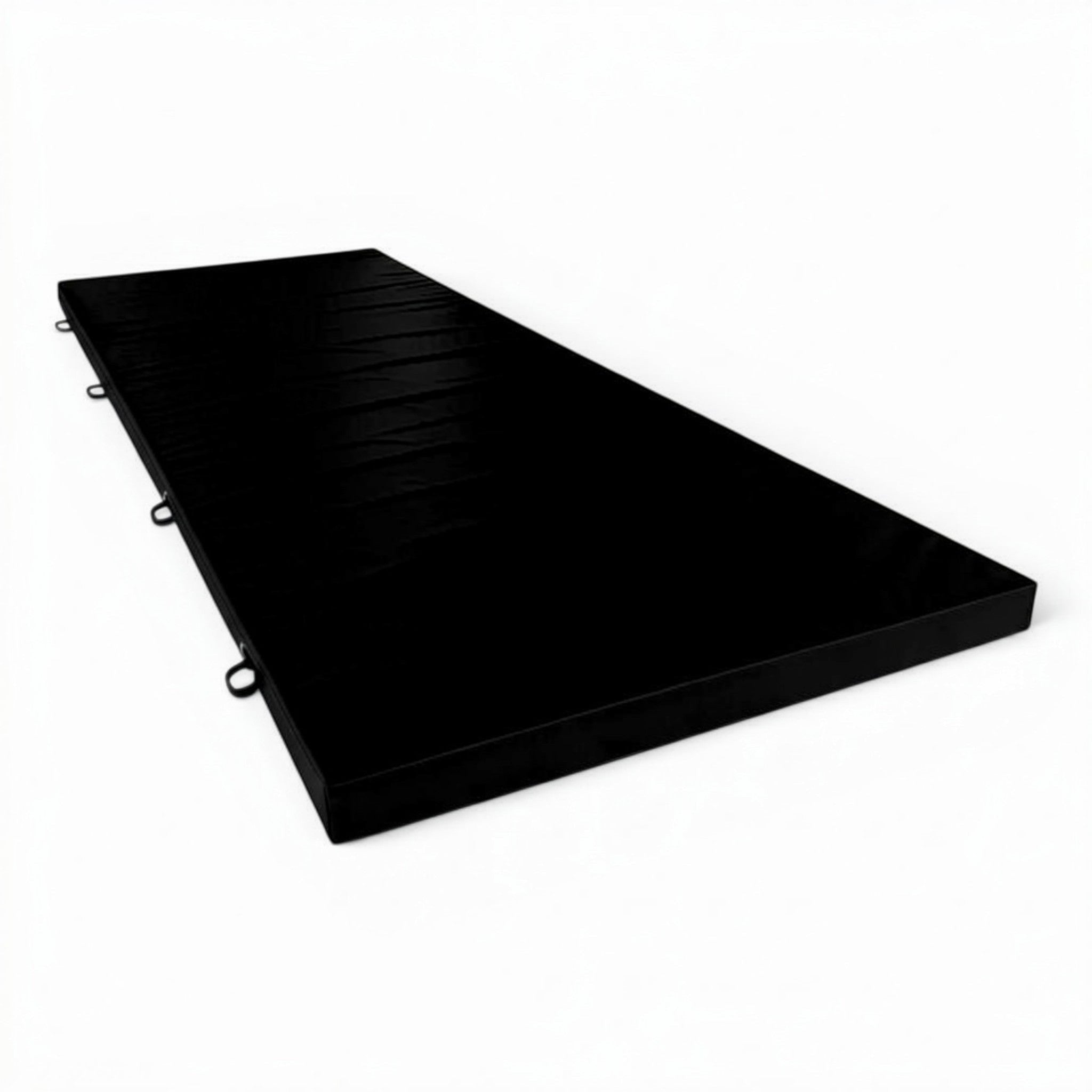 UK Gym Pits black PVC splat mat for gymnastics and martial arts with heavy-duty handles and anti-slip base.