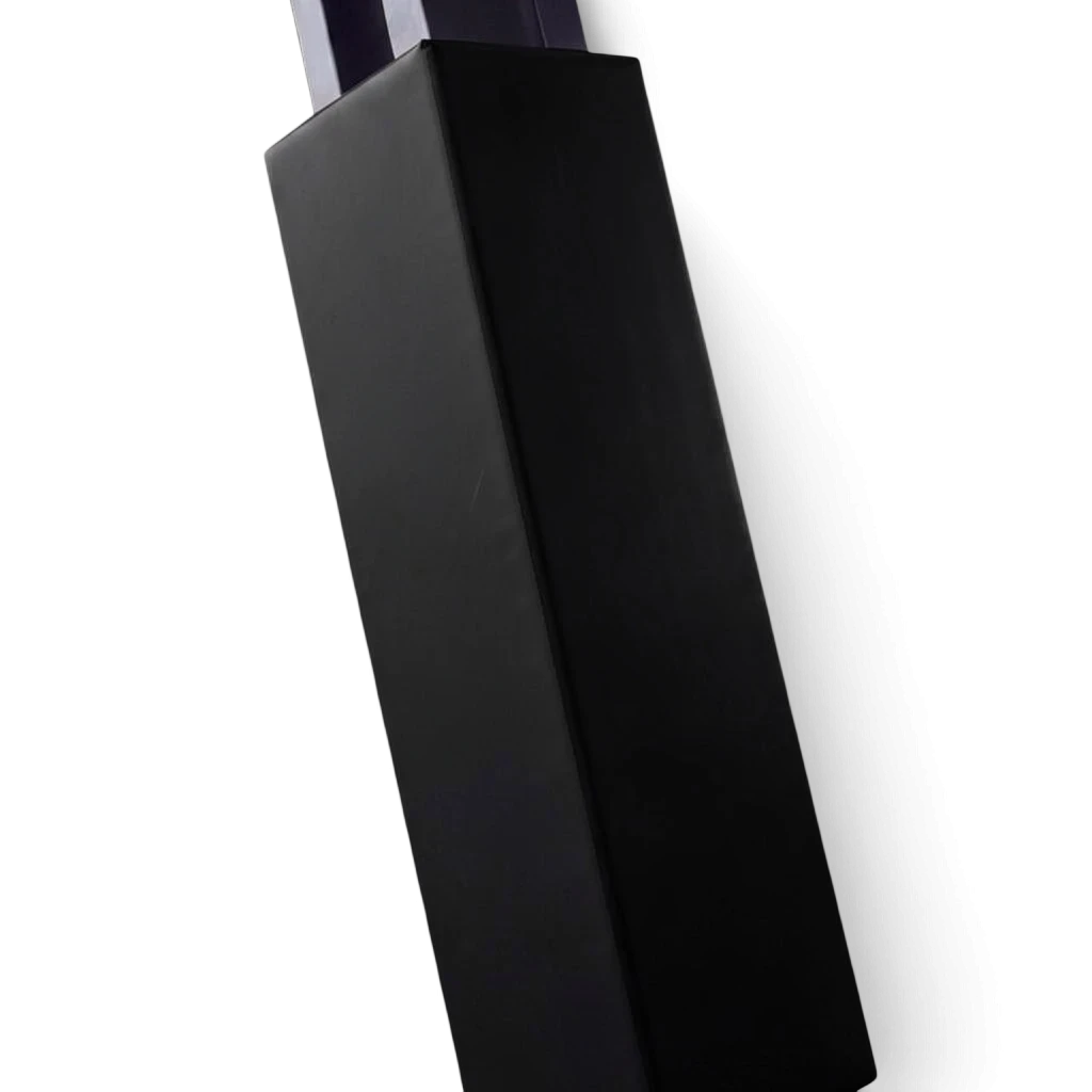UK Gym Pits black square post protector padding installed on a steel stanchion for gym safety