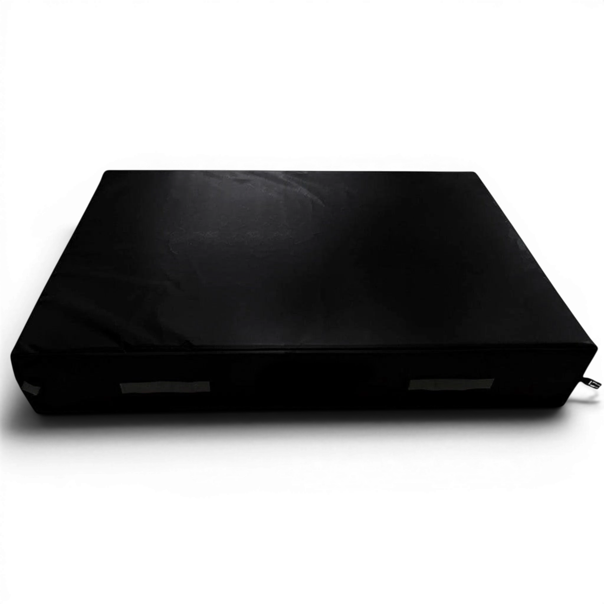 UK Gym Pits black trampoline safety crash mat with reinforced handles and Nissen branding for gymnastics training.
