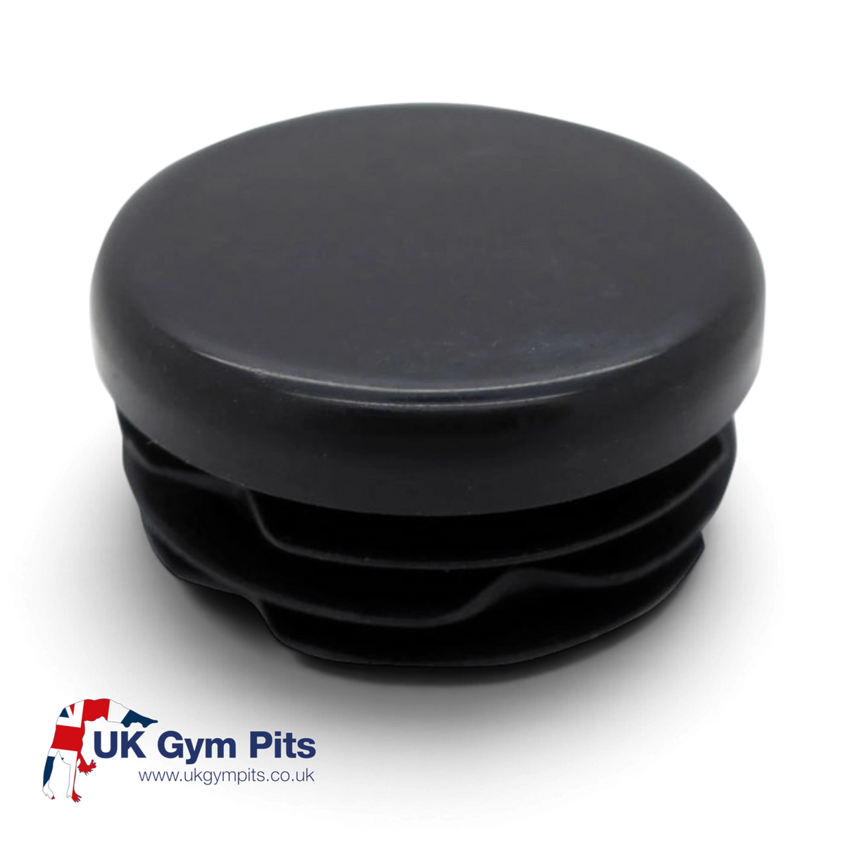UK Gym Pits black plastic replacement dust cap for mini trampoline leg braces on a black background