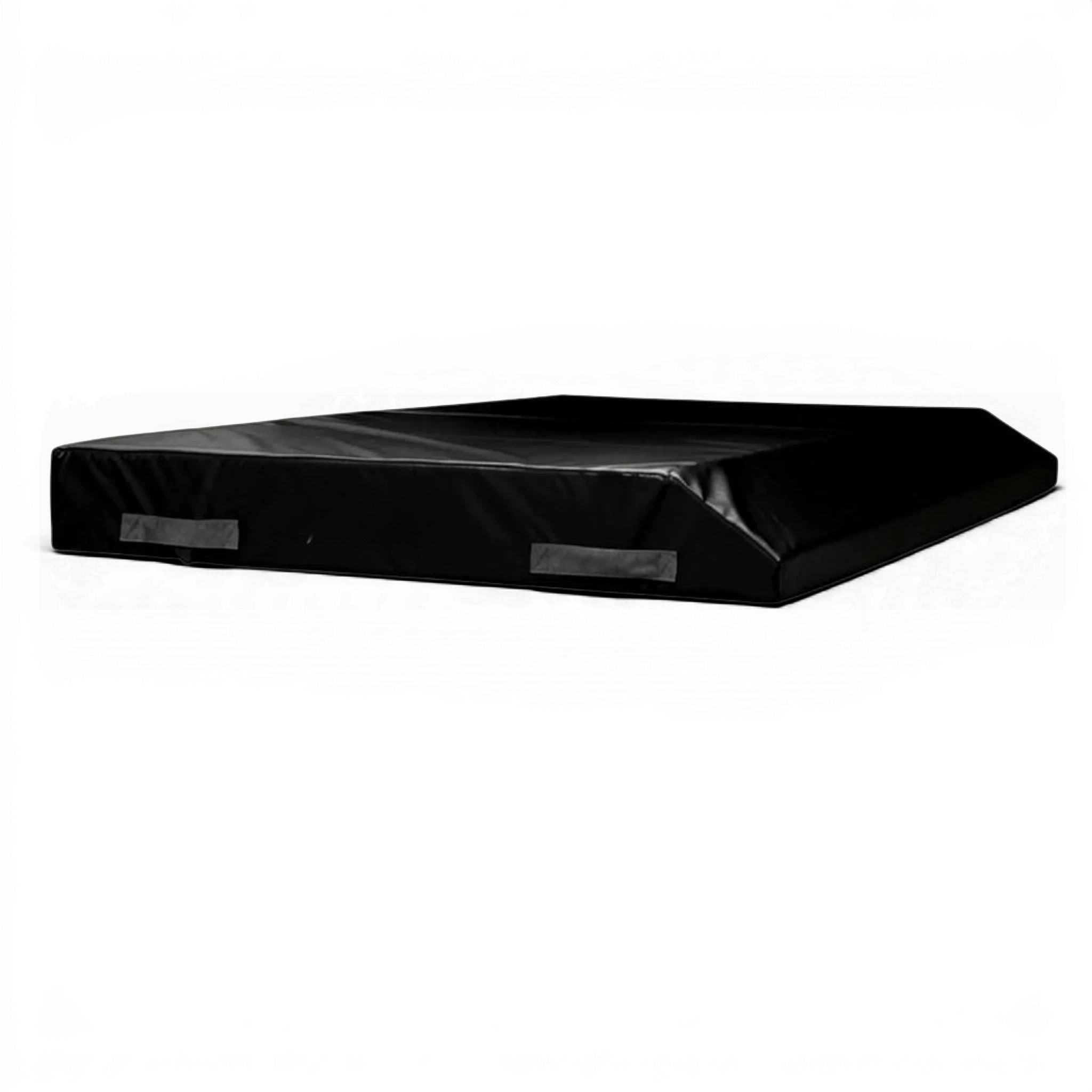 UK Gym Pits black single wedge trampoline spotting end deck mat with handles and Nissen branding on a black background
