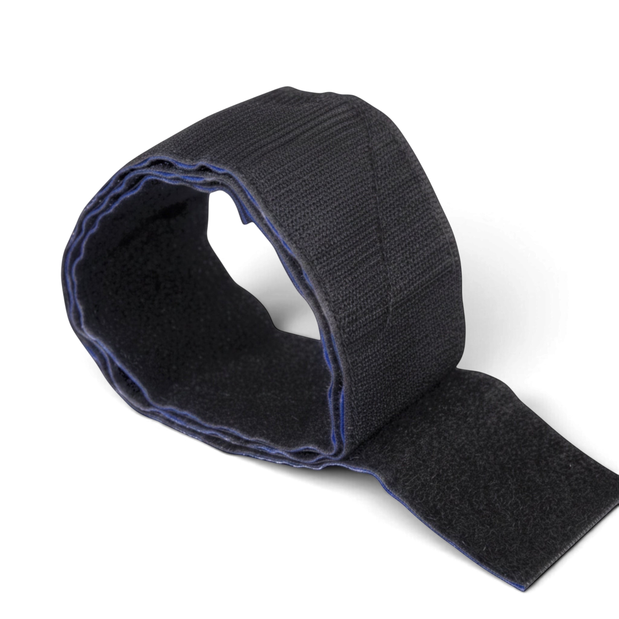 UK Gym Pits black two-sided Velcro strap for connecting pit pillows, featuring hook and loop fasteners.
