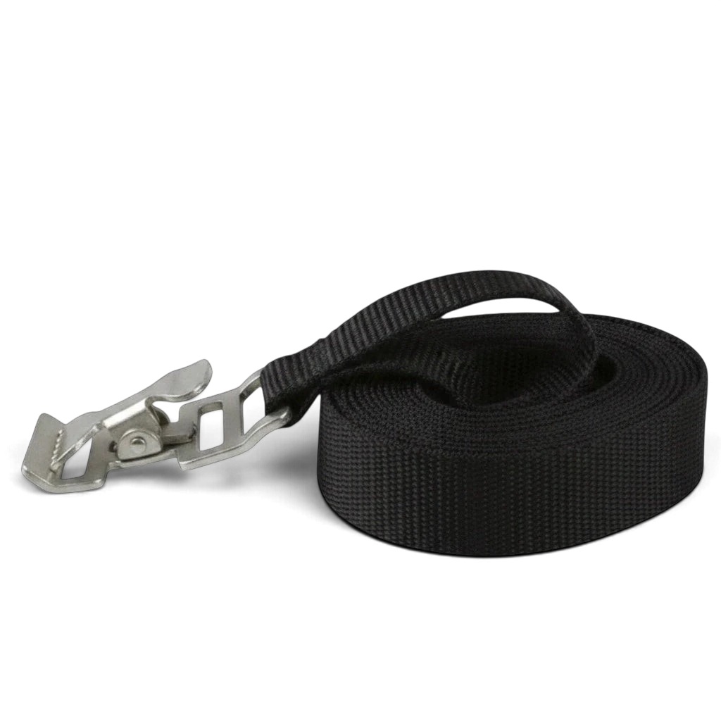 UK Gym Pits heavy duty black webbing cinch strap with a durable metal clasp for securing rolled mats and equipment.