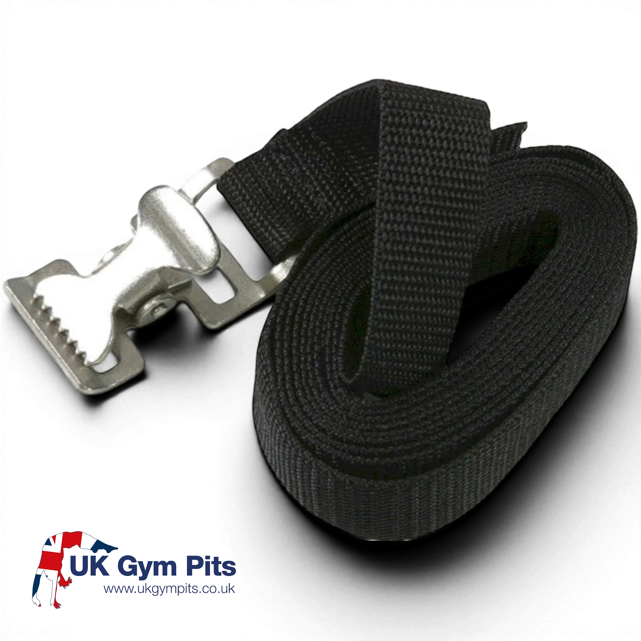 UK Gym Pits black webbing cinch strap with a durable metal clasp for securing rolled gym mats.