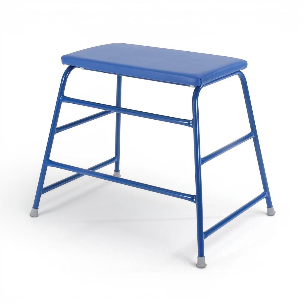 UK Gym Pits blue agility table for children with a padded top and sturdy metal frame for school gymnastics