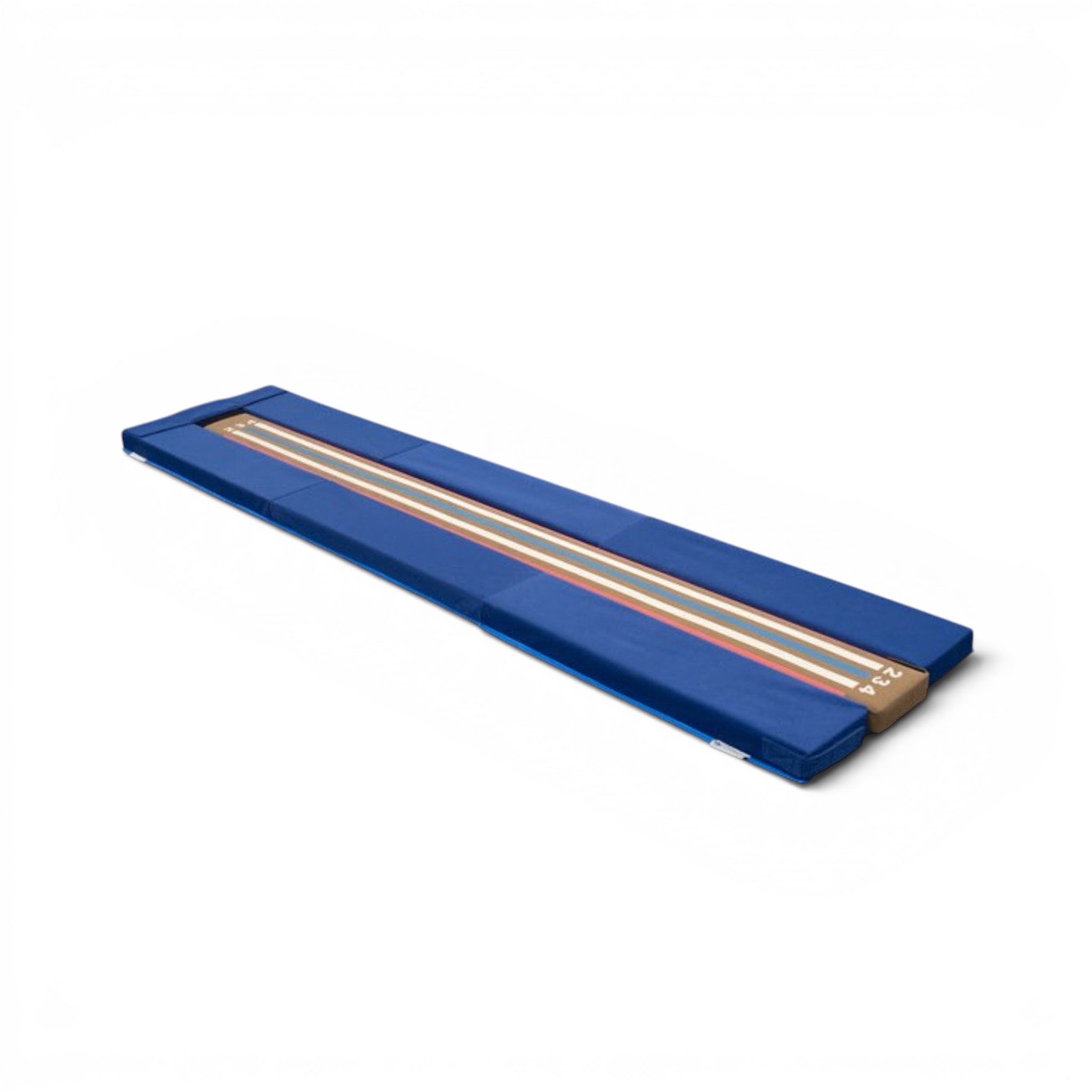 UK Gym Pits blue laser balance beam skill expander with numbered lines for gymnastics training on a white background