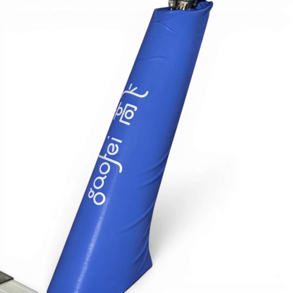 UK Gym Pits blue Gaofei gymnastics beam leg safety padding with durable PVC vinyl cover and Velcro closure.
