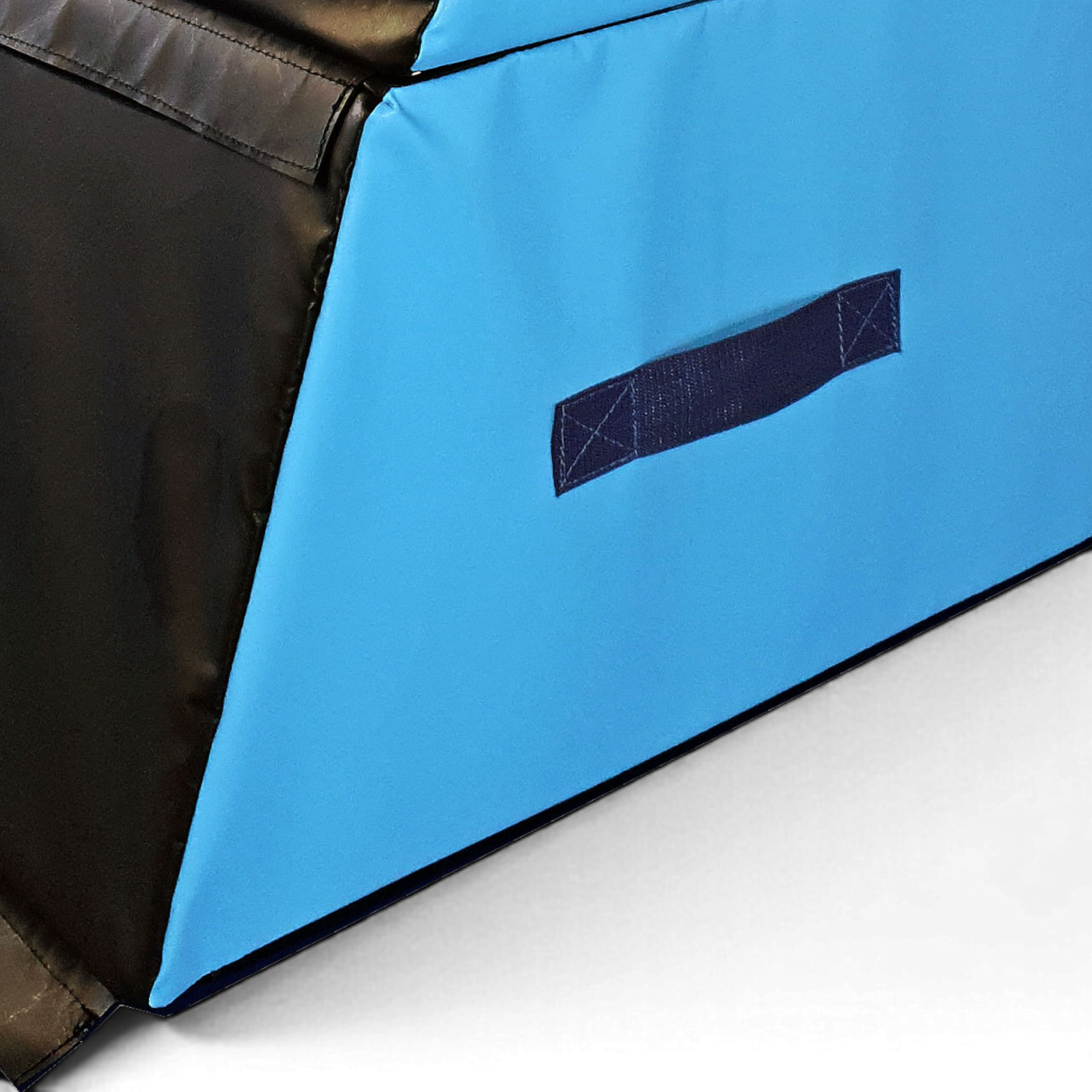 UK Gym Pits 3 section parkour vault box in black and blue PVC with a side carry handle for gymnastics training