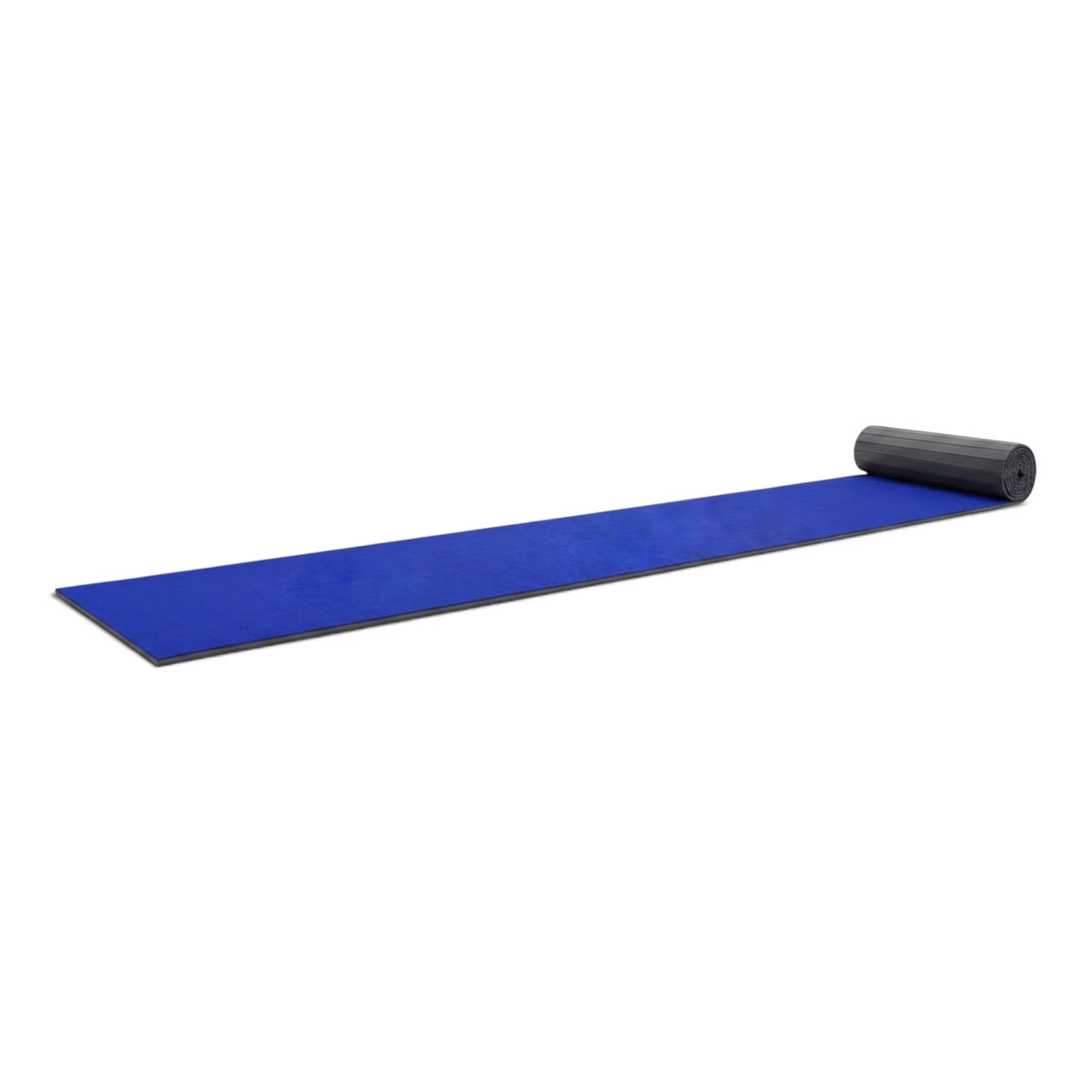 UK Gym Pits blue carpet flexi mat roll for gymnastics and cheerleading with shock-absorbing XPE foam base.