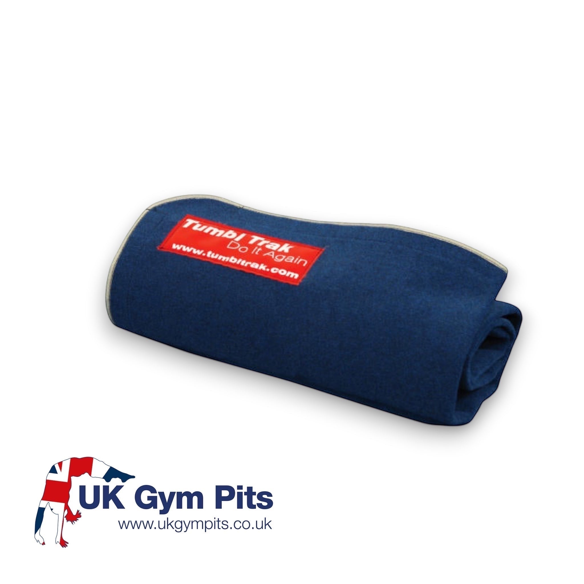 UK Gym Pits blue carpet wall overlay rolled up with a red Tumble Trak brand label
