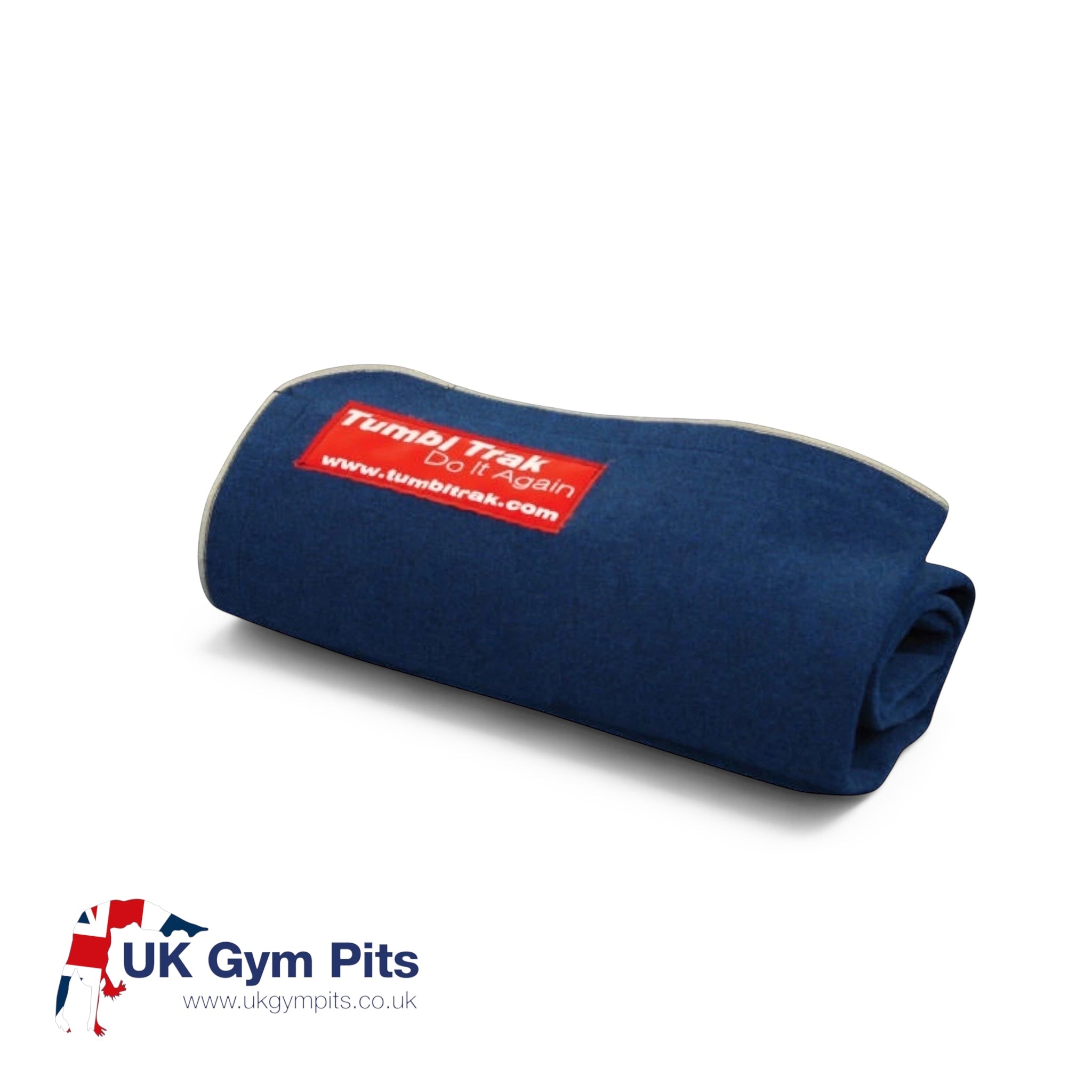 UK Gym Pits blue carpet wall overlay rolled up with Tumble Trak branding for gym training drills