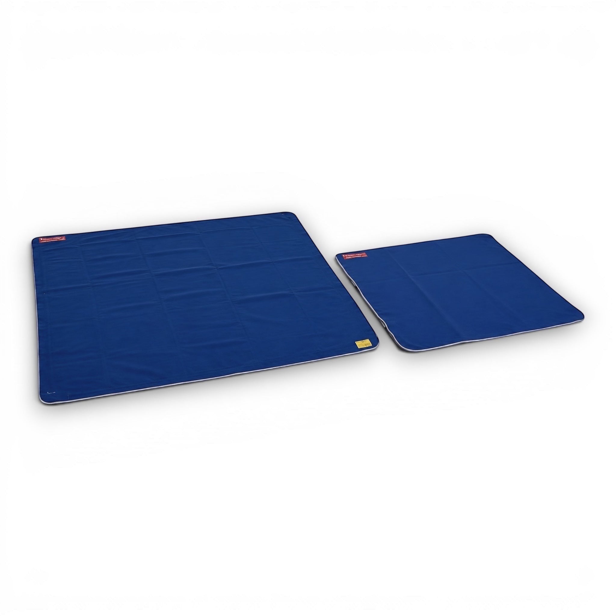 UK Gym Pits blue carpet wall overlays in two sizes for gymnastics training stations with hook Velcro borders.