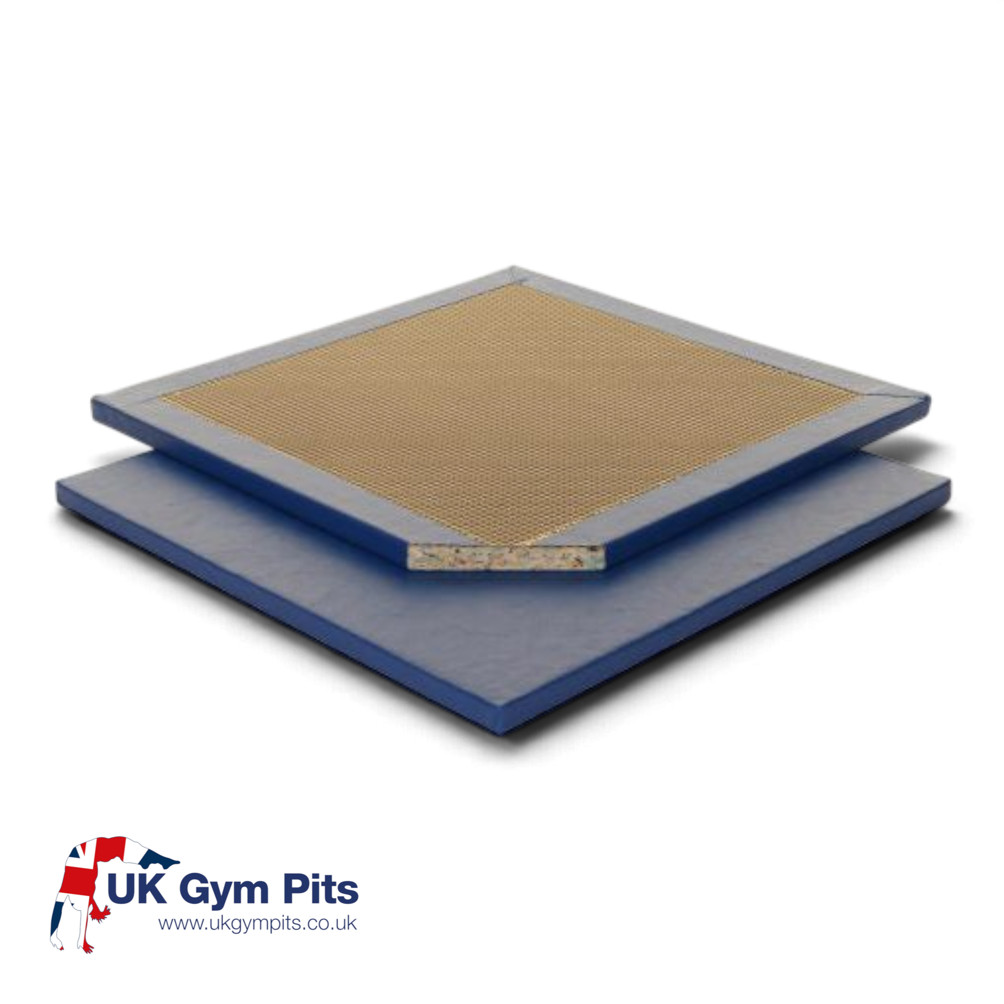 UK Gym Pits blue chipfoam stretch mat with a textured anti-slip base and visible recycled foam core cross-section.