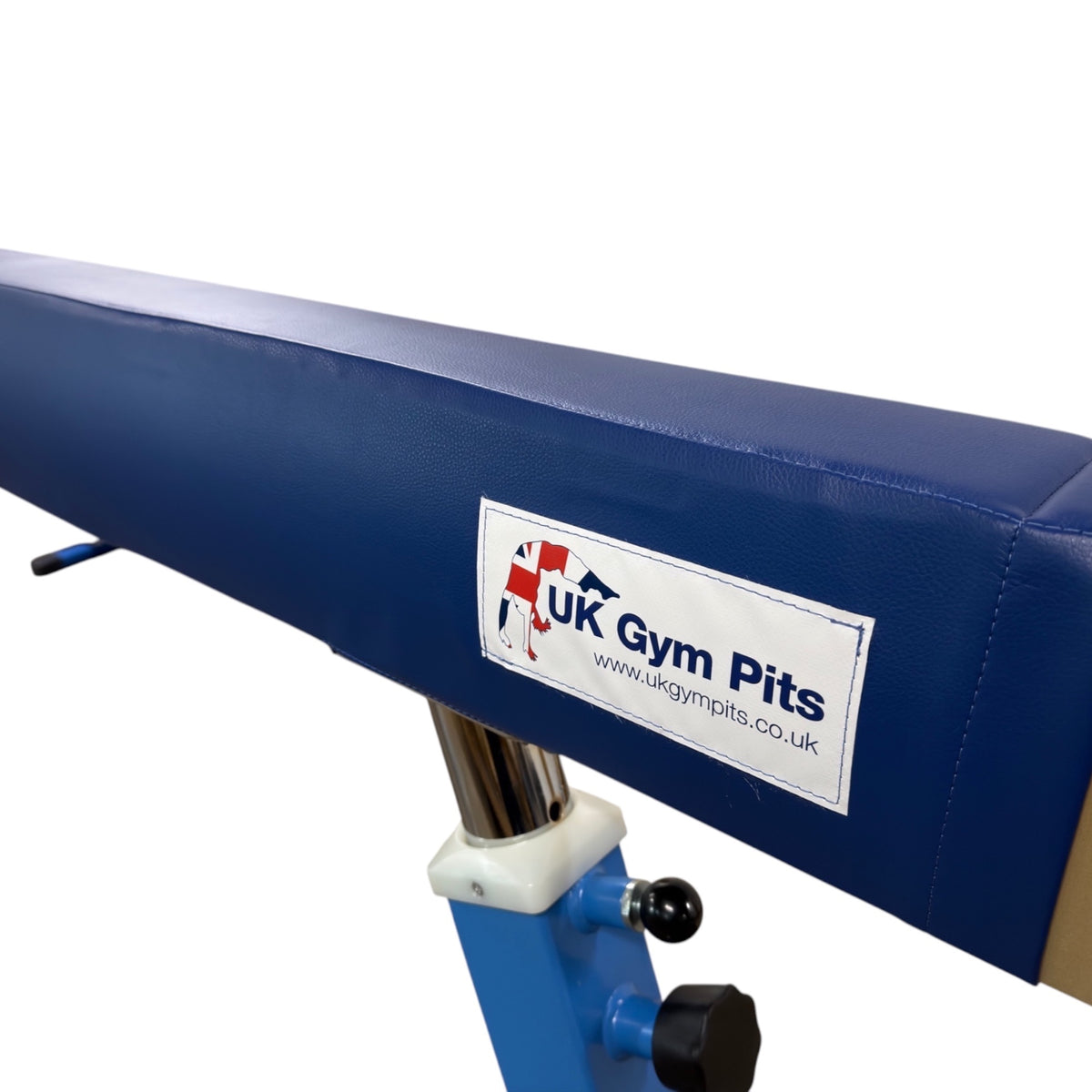 UK Gym Pits blue cushioned gymnastics beam mat with anti-slip faux leather surface and secure Velcro attachment