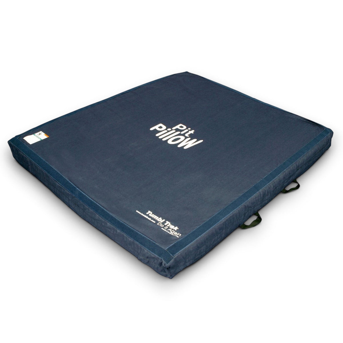 UK Gym Pits blue denim landing mat with Pit Pillow branding and side carry handles for gymnastics training