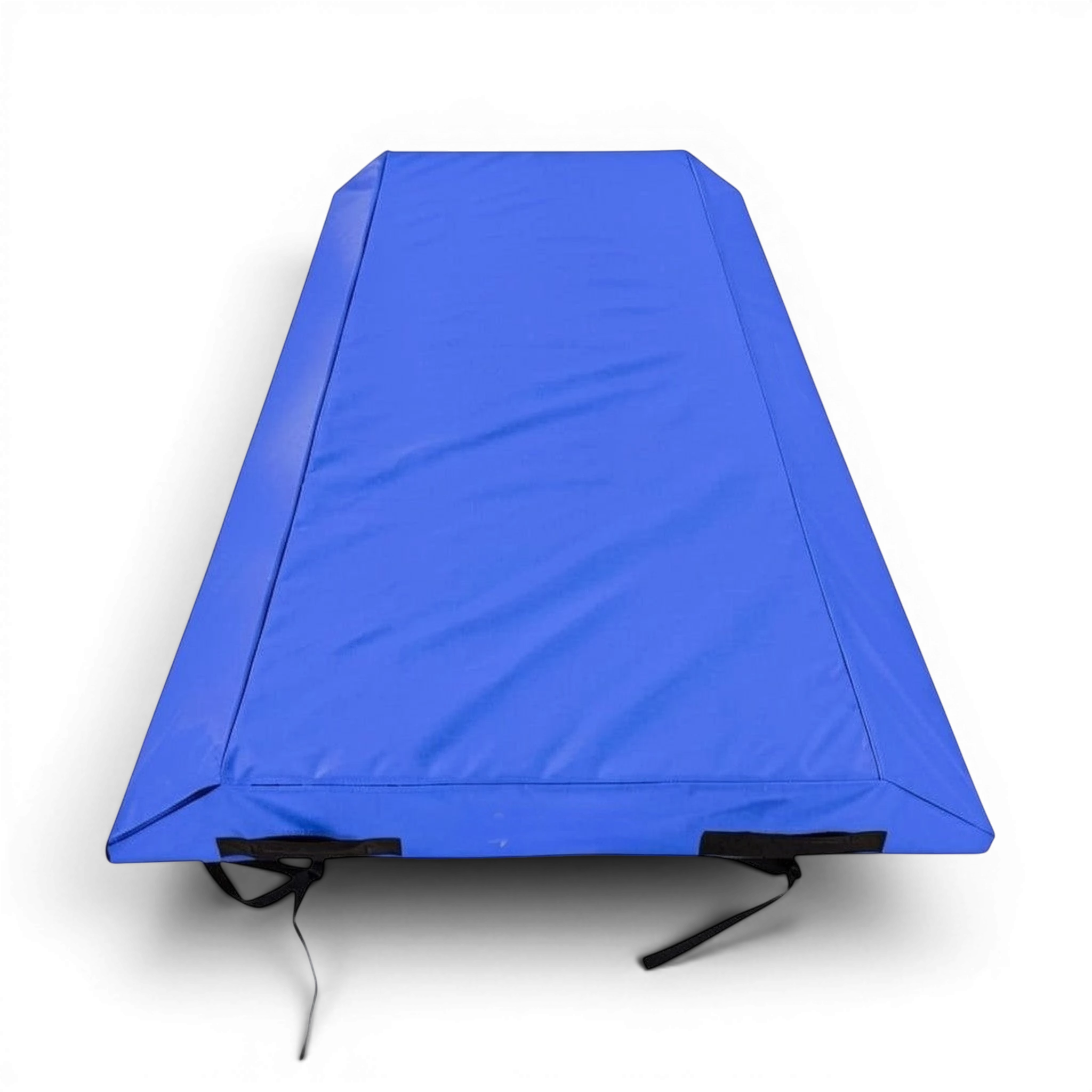 UK Gym Pits blue double wedge trampoline spotting end deck mat with reinforced PVC cover and secure webbing straps