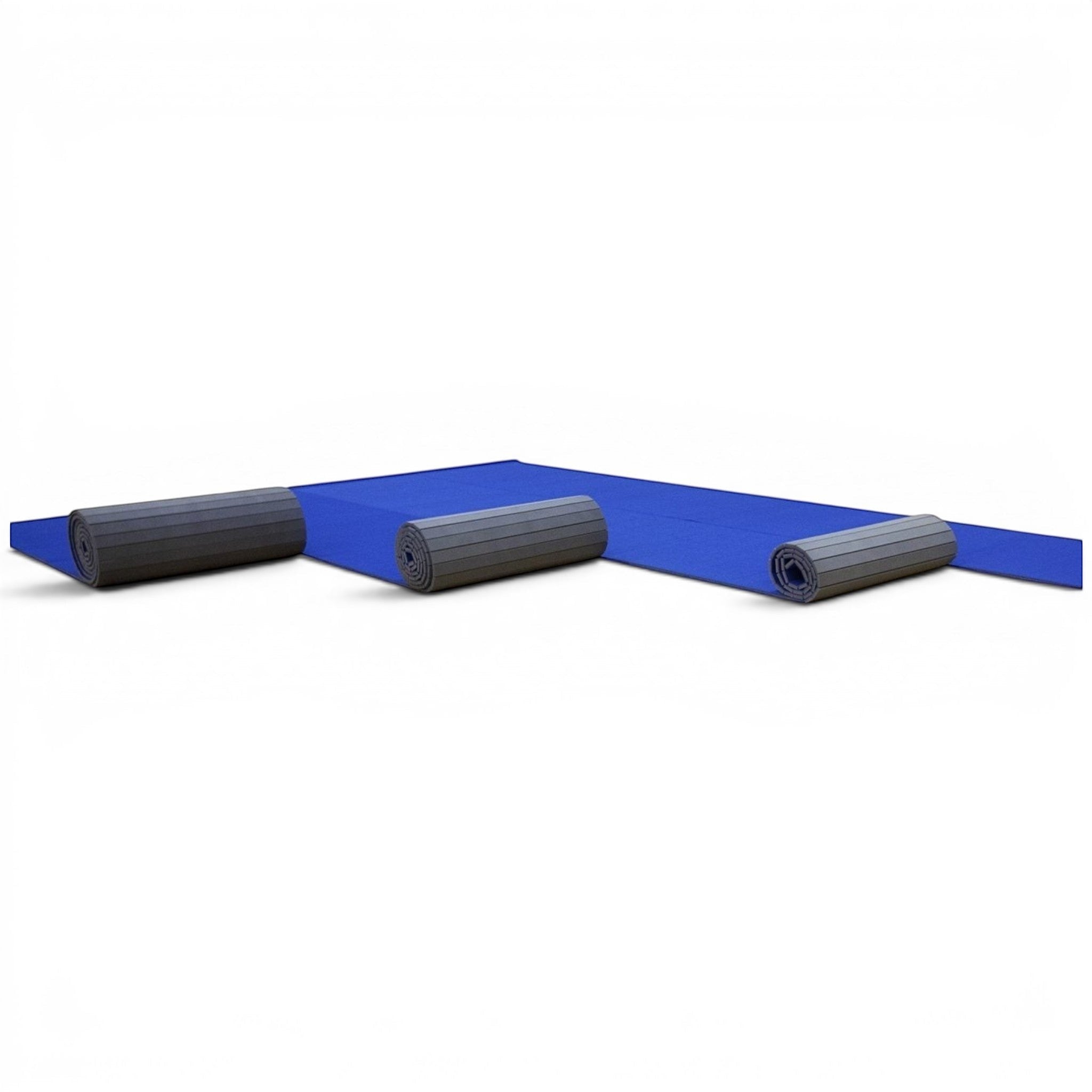 UK Gym Pits blue flexi carpet mat rolls for gymnastics and cheerleading with shock-absorbing XPE foam base.