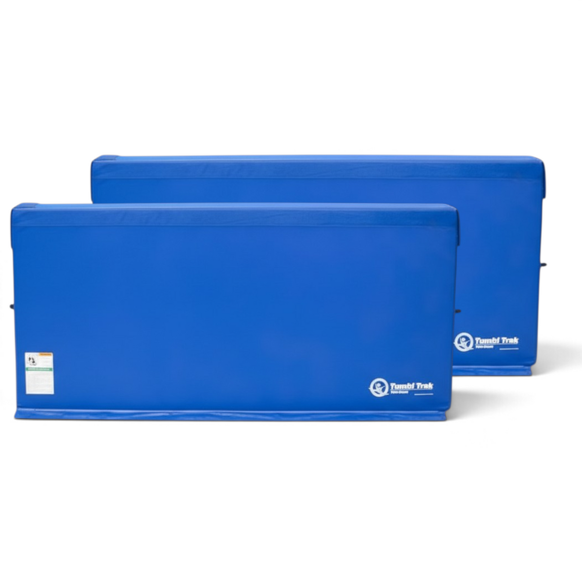 Two royal blue UK Gym Pits foam divider walls with tapered bases for gym station separation and traffic control.