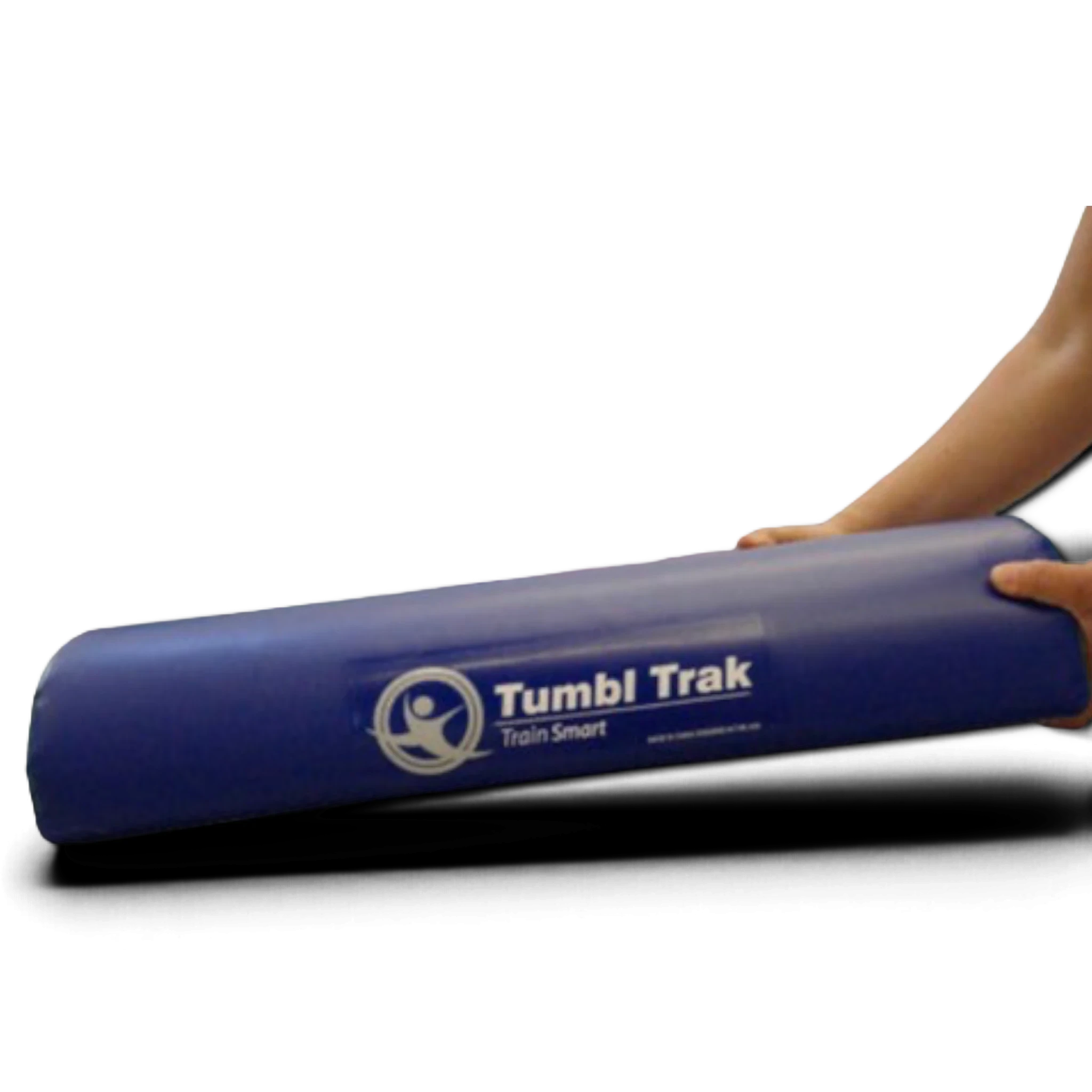 UK Gym Pits blue foam half round training tool with Tumbl Trak branding held by hands against a black background