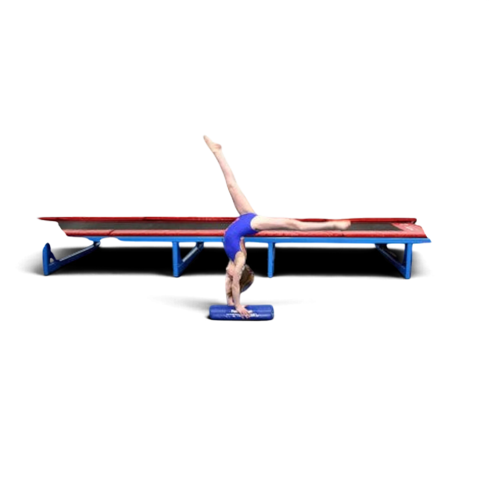 UK Gym Pits blue foam half round used by a gymnast for handstand training on a trampoline