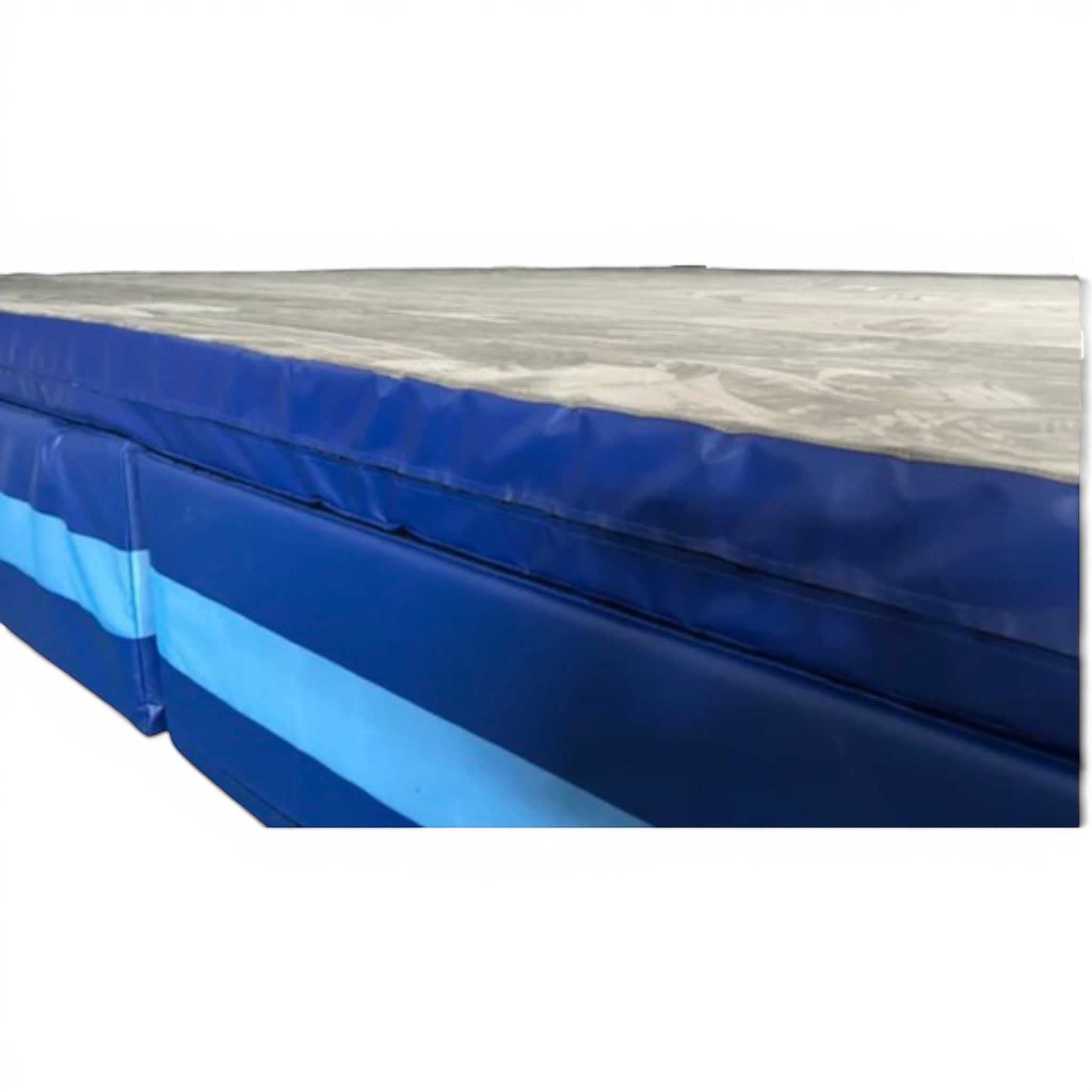 UK Gym Pits blue and light blue PVC landing module with a grey top mat for gymnastics and parkour safety