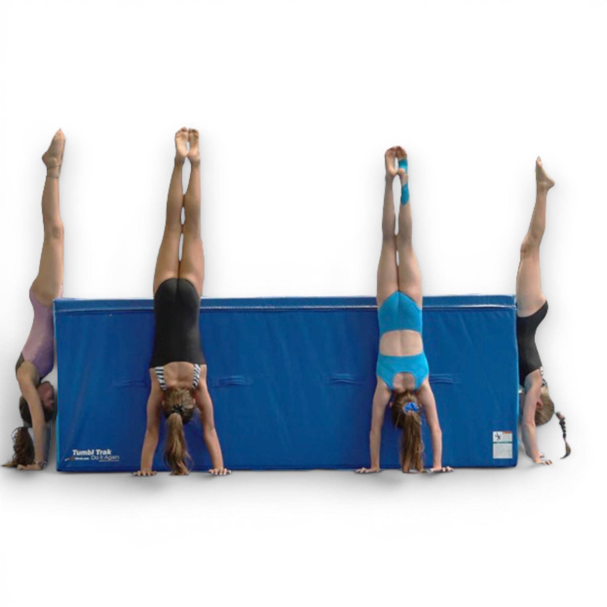 UK Gym Pits blue foam spotting block used by four gymnasts performing handstands for skill training